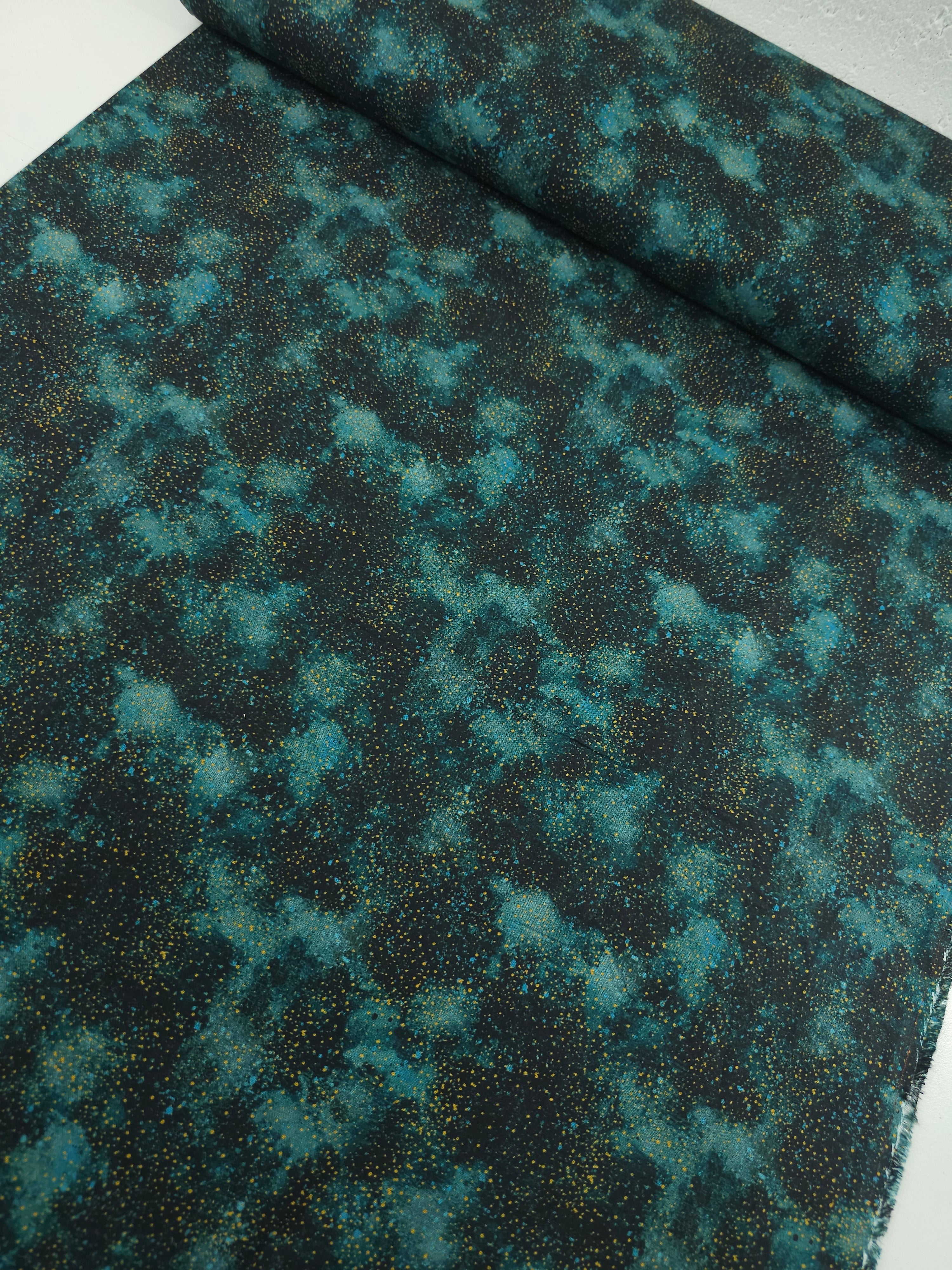 Teal/Gold Speckle Clouds 100% Cotton