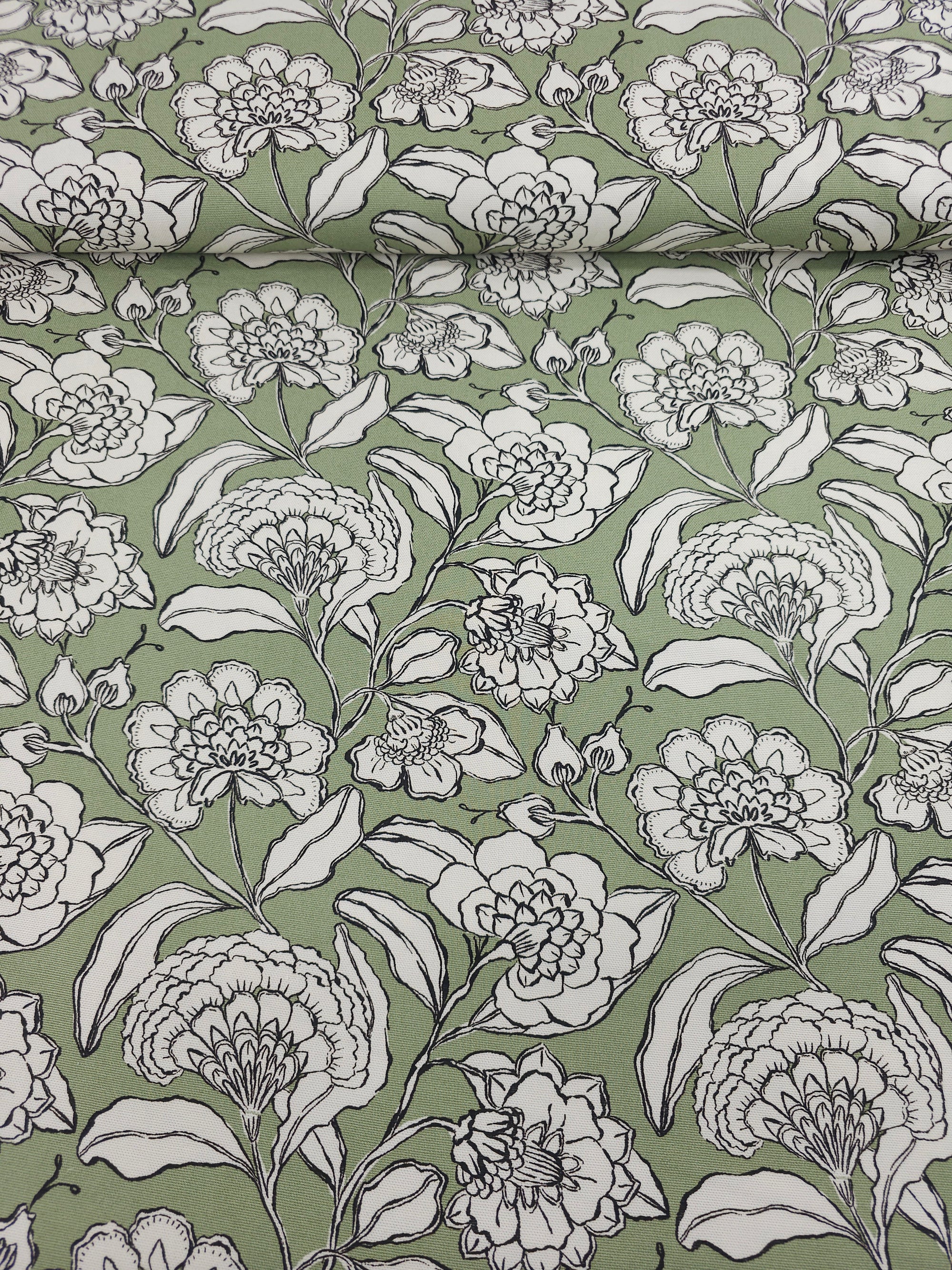 Sage Green Sketch Floral Lightweight Canvas Cotton