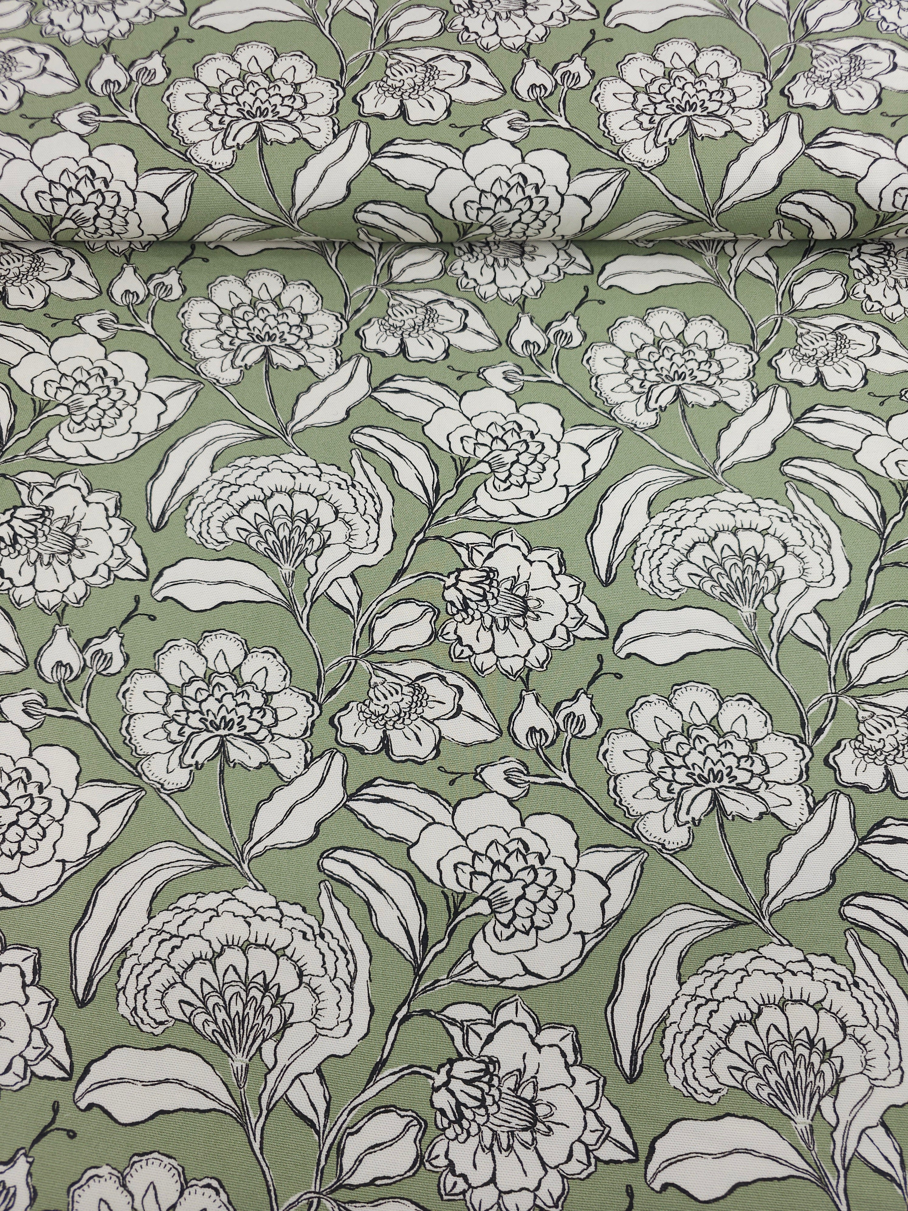 Sage Green Sketch Floral Lightweight Canvas Cotton