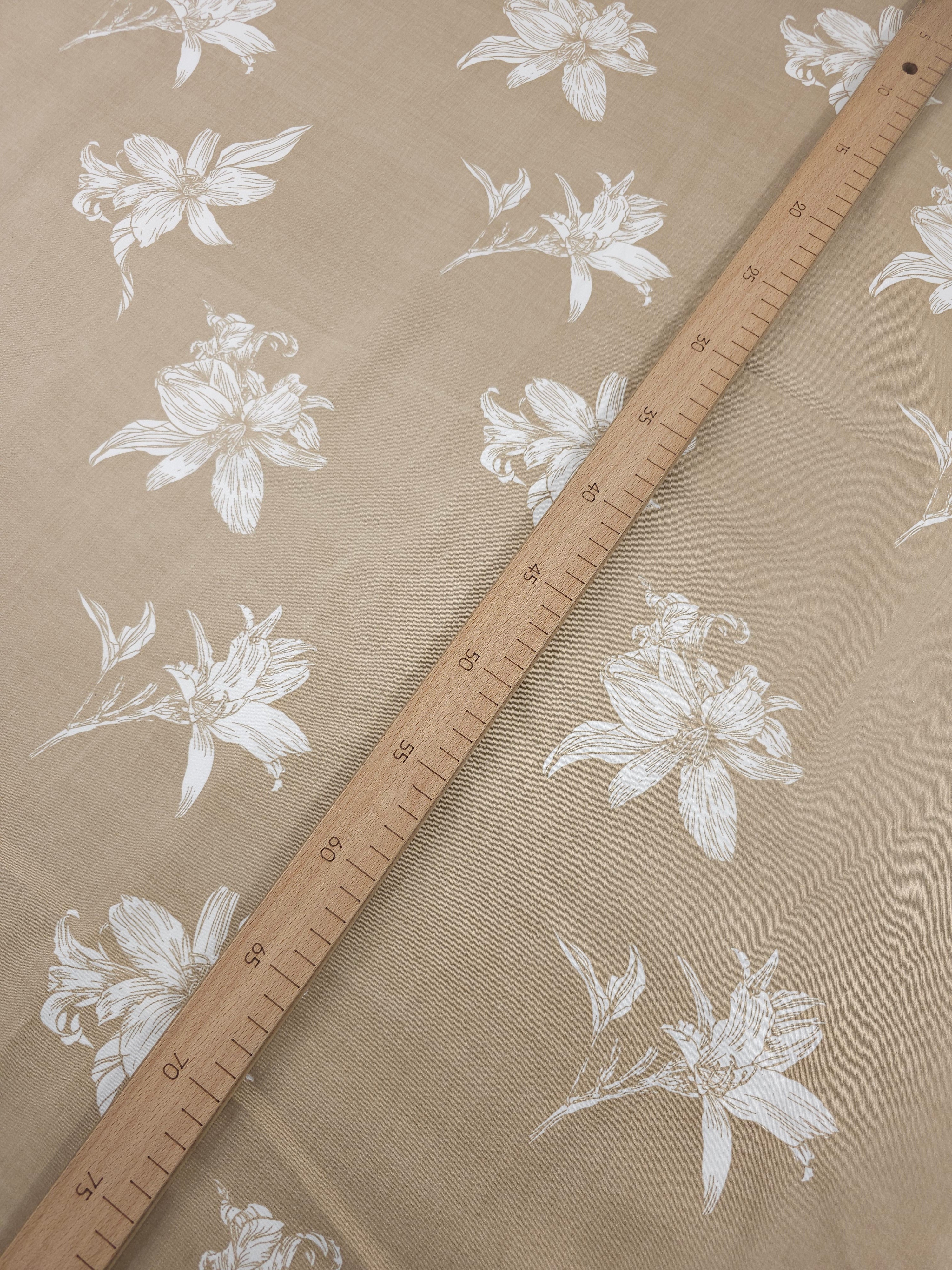 Beige Sketch Floating Flowers Heavy Cotton Poplin
