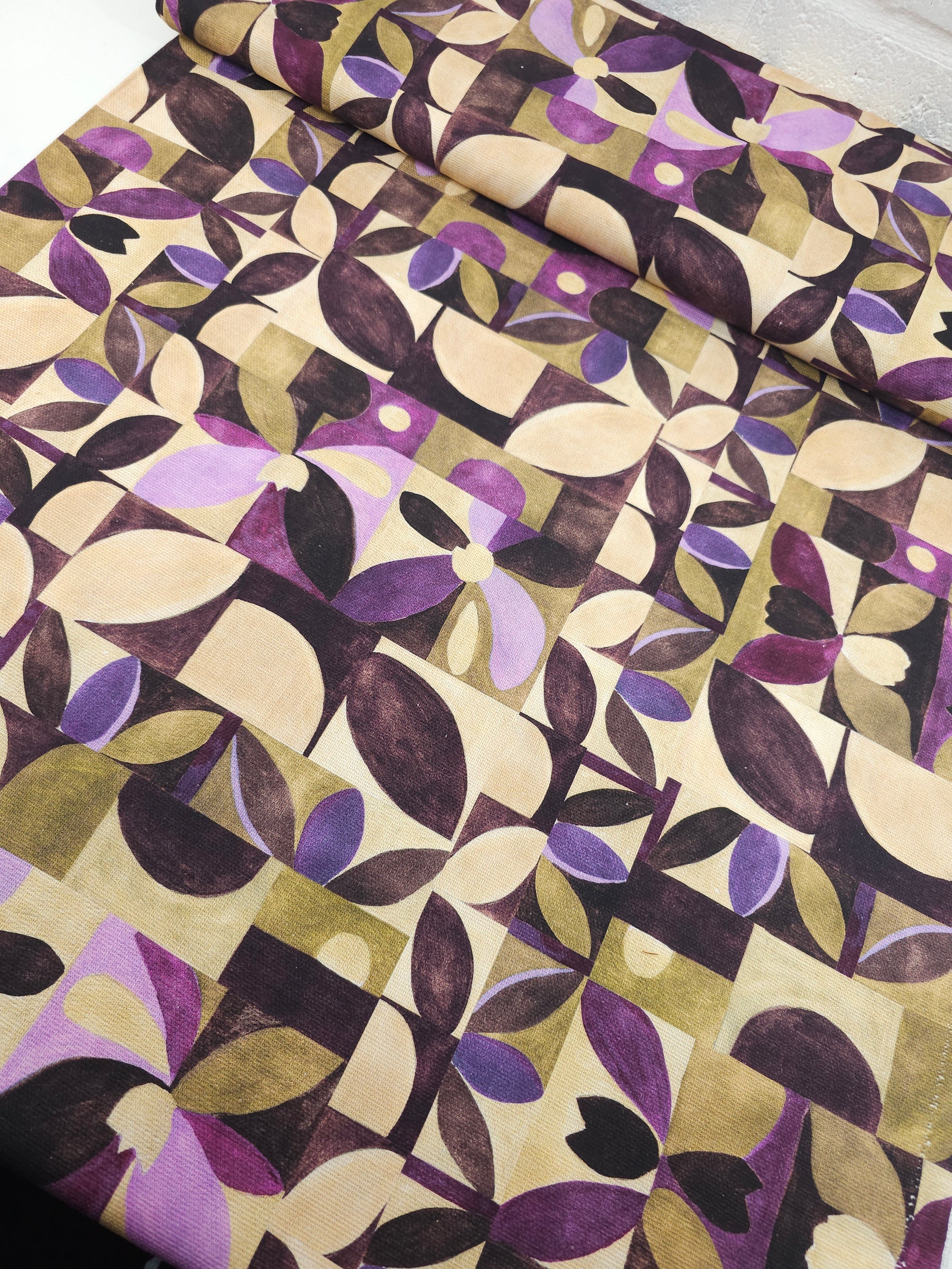 Aubergine/Beige Abstract Tiles Lightweight Canvas Cotton
