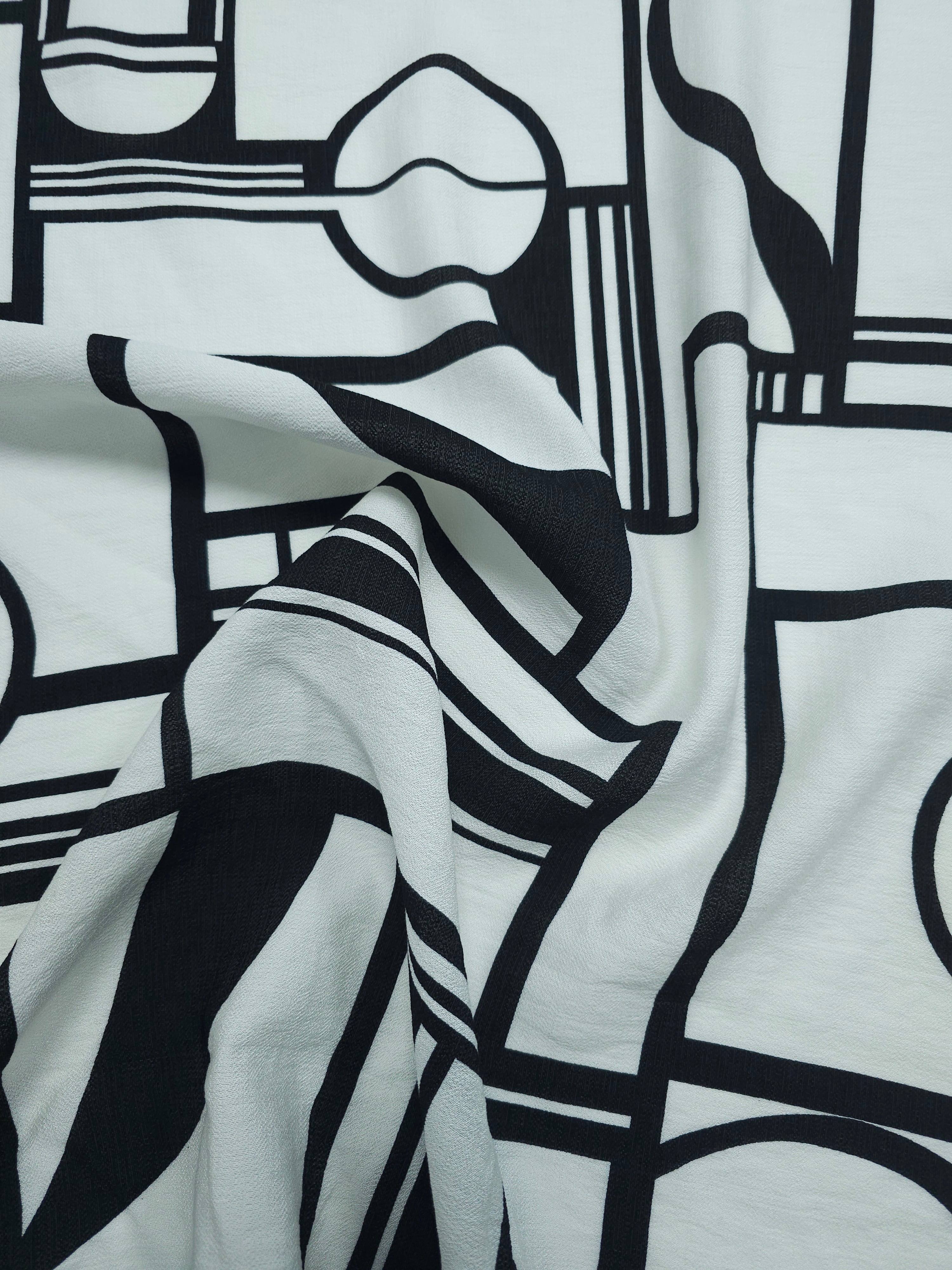 Off-White/Black Geometric Viscose Crepe