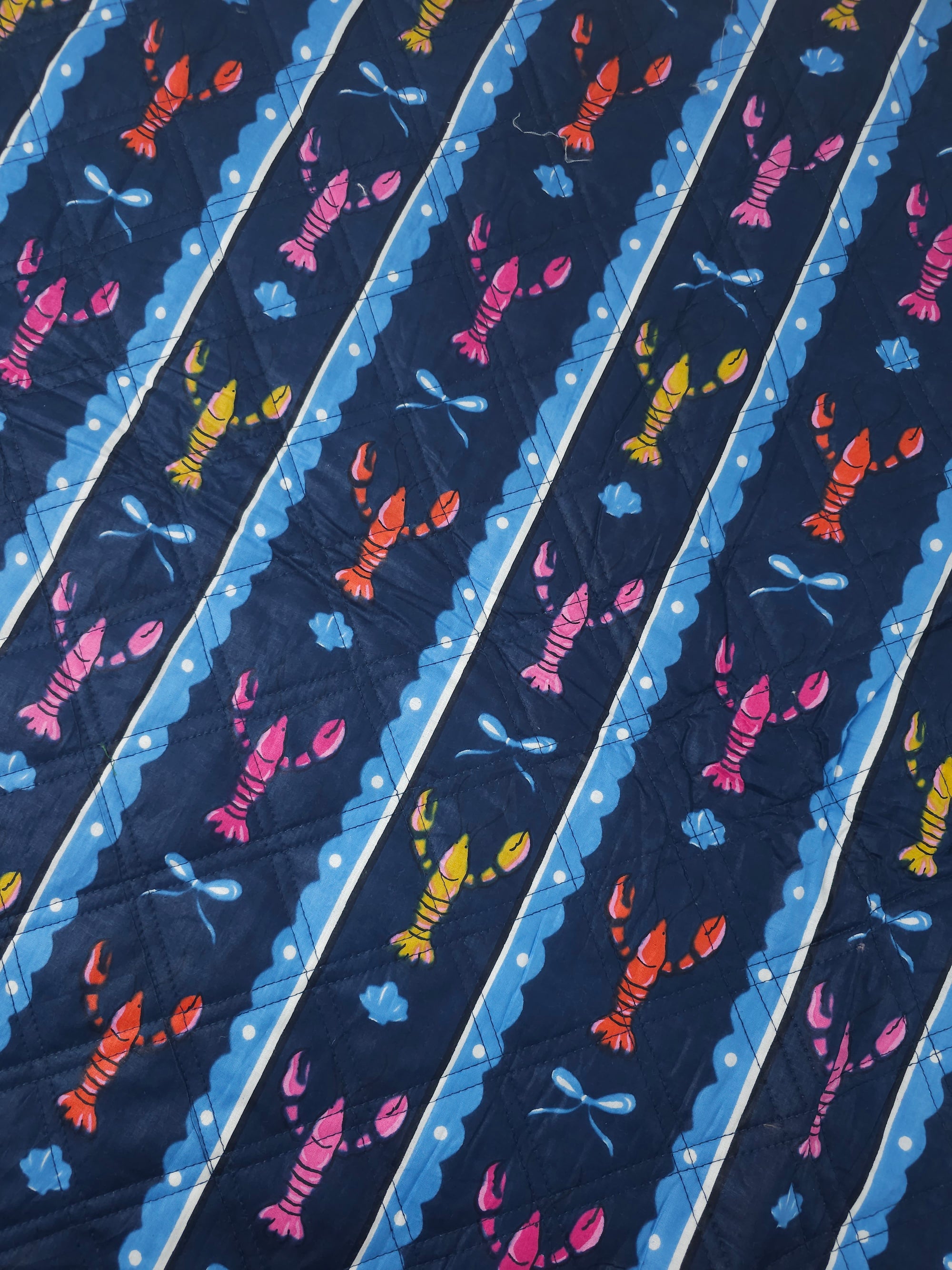 Petrol Navy Lobster Stripe Quilted Screen Print - 1.35m Piece