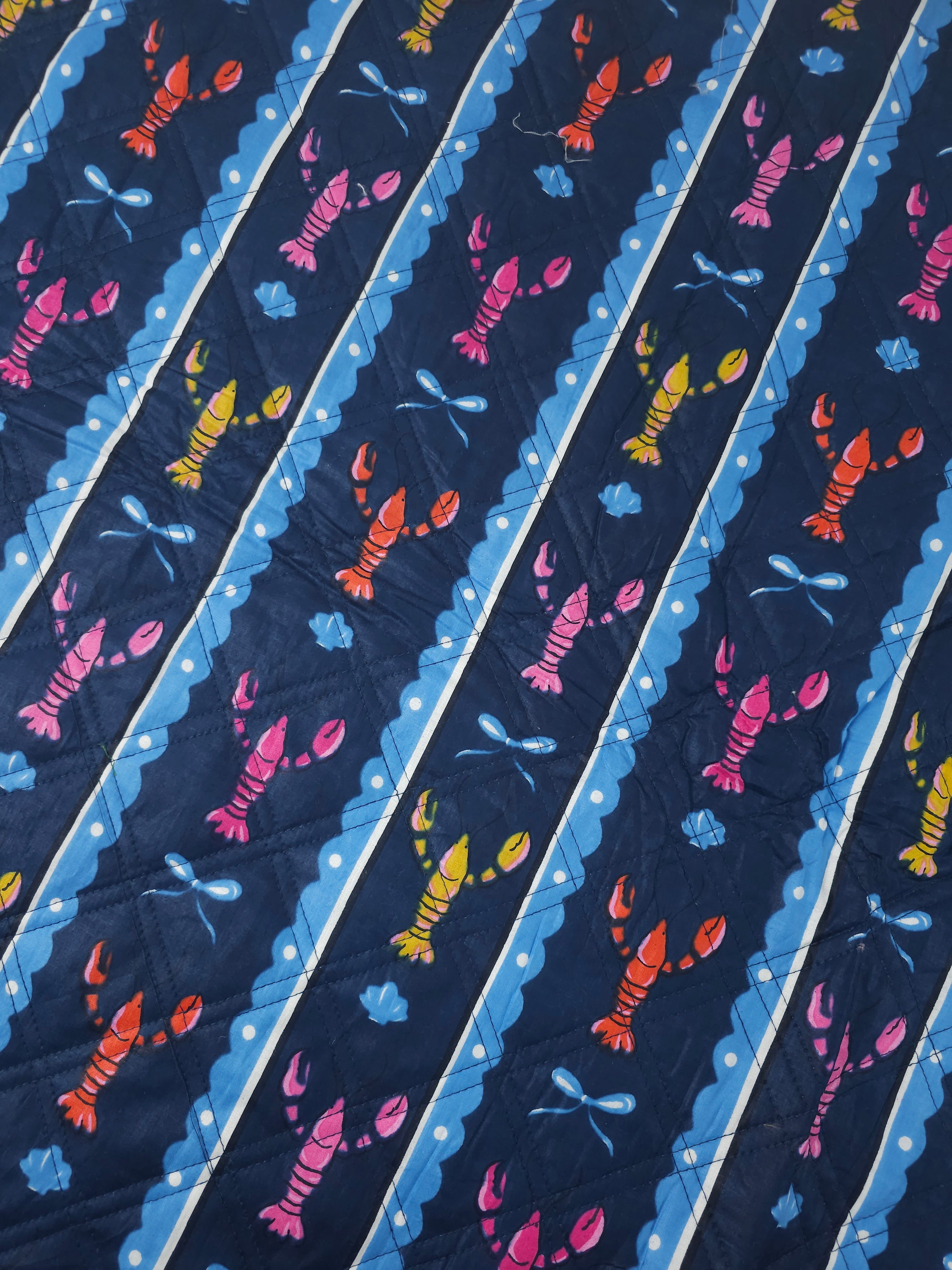 Petrol Navy Lobster Stripe Quilted Screen Print - 1.35m Piece