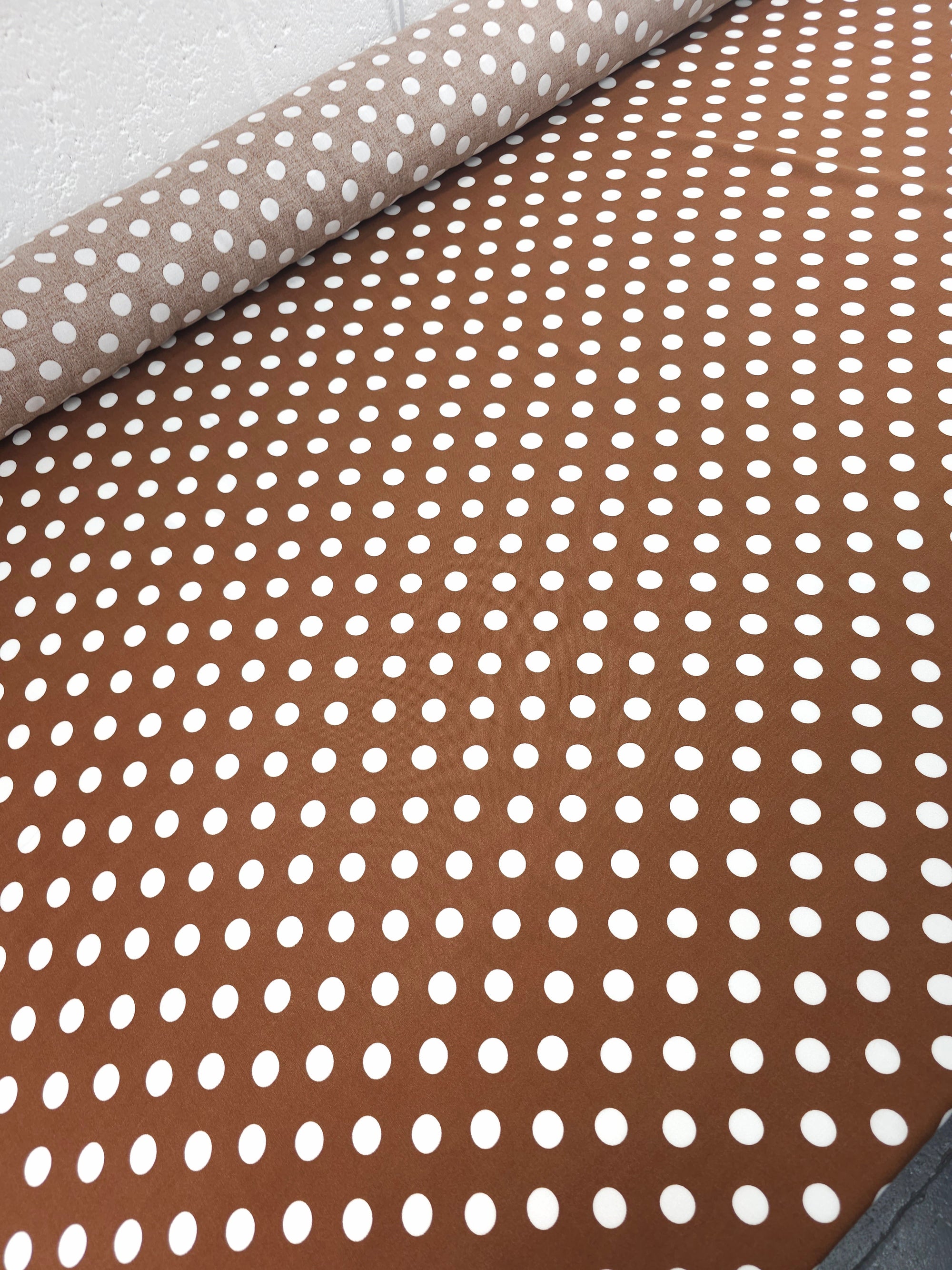 Hazelnut Brown/White Small Polka Spot Viscose Challis