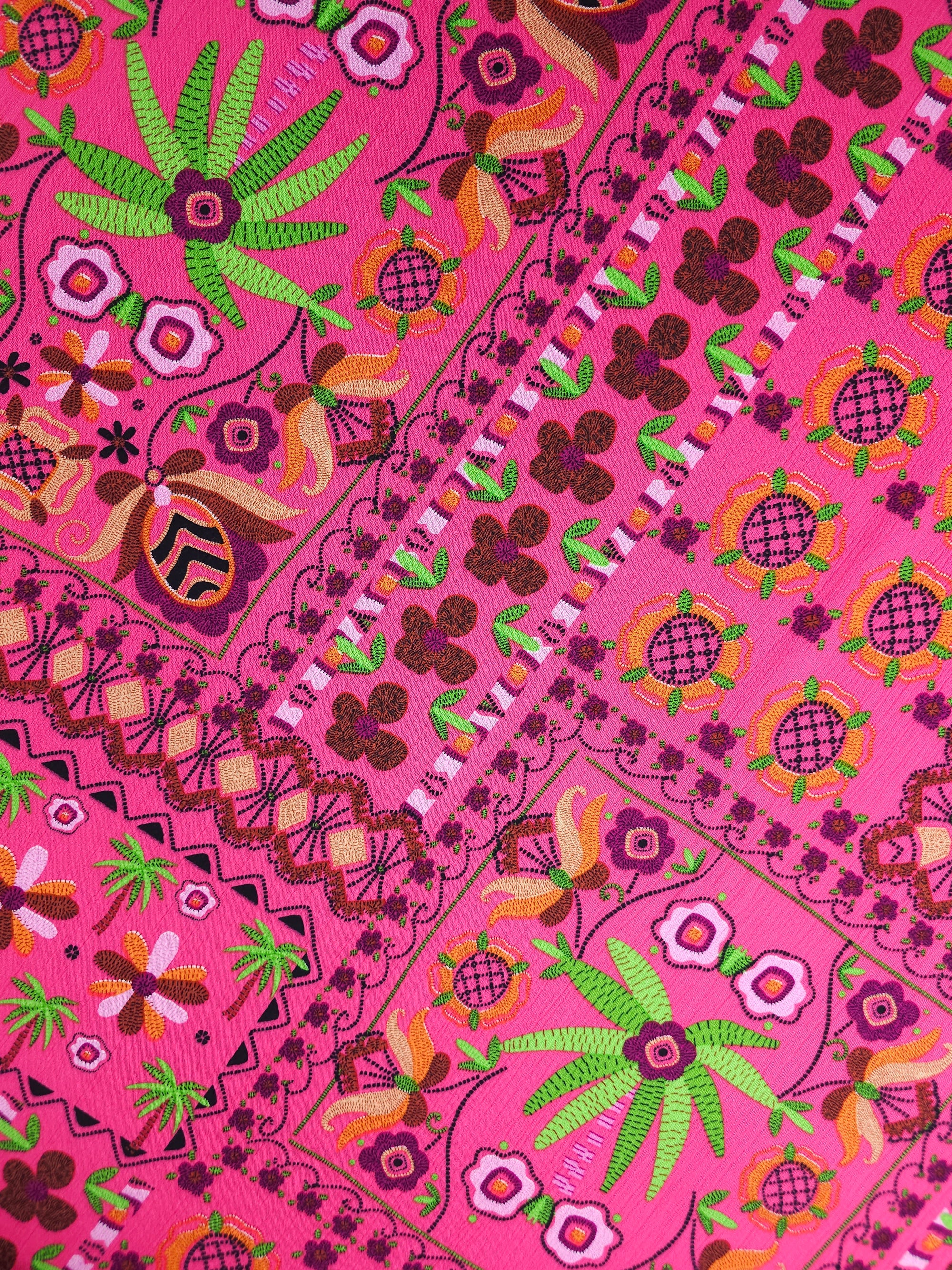 Fuchsia Pink Boho Retro Viscose Crepe
