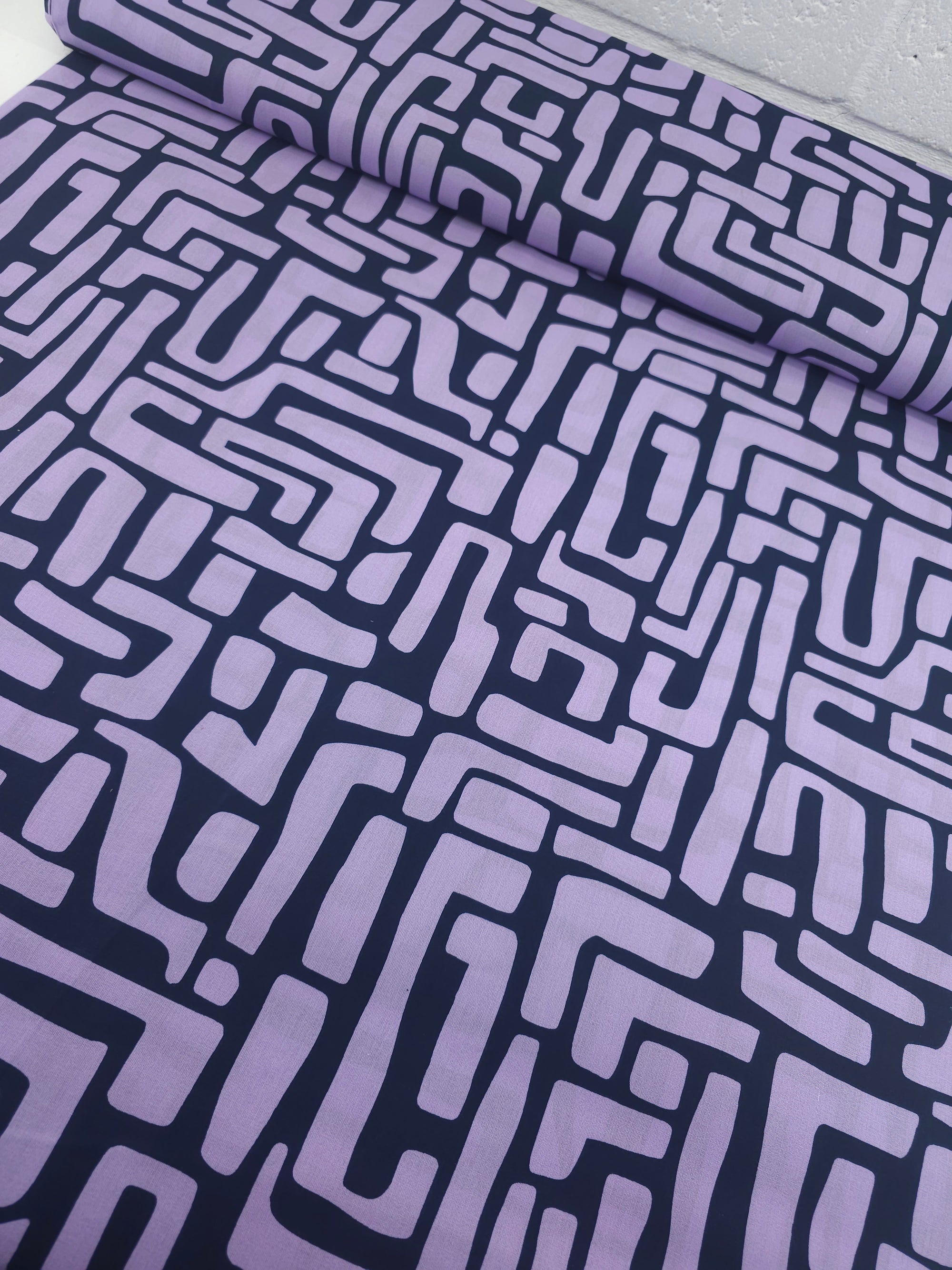 Lilac/Navy Abstract Maze Coated Cotton 60"