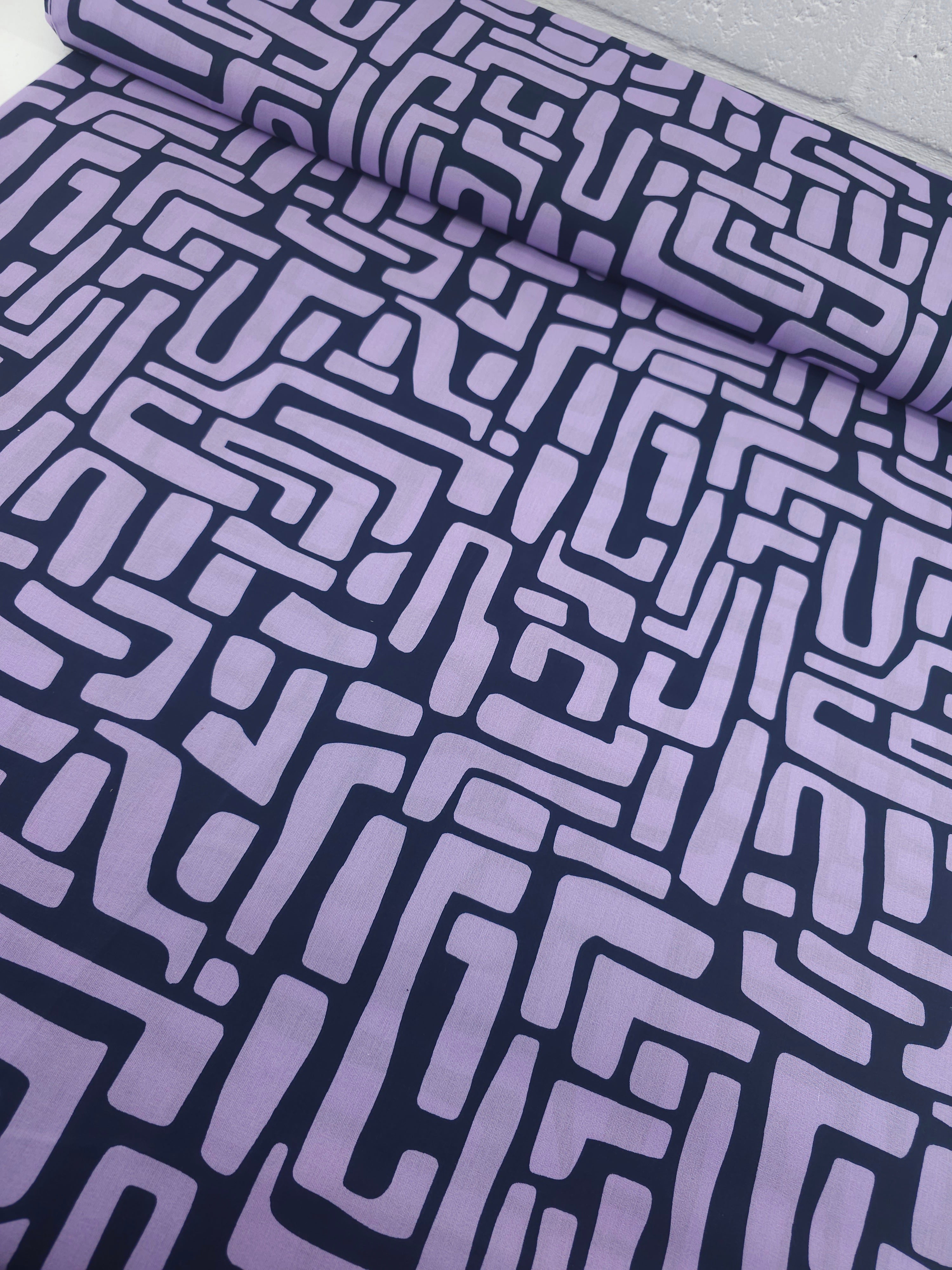 Lilac/Navy Abstract Maze Coated Cotton 60"