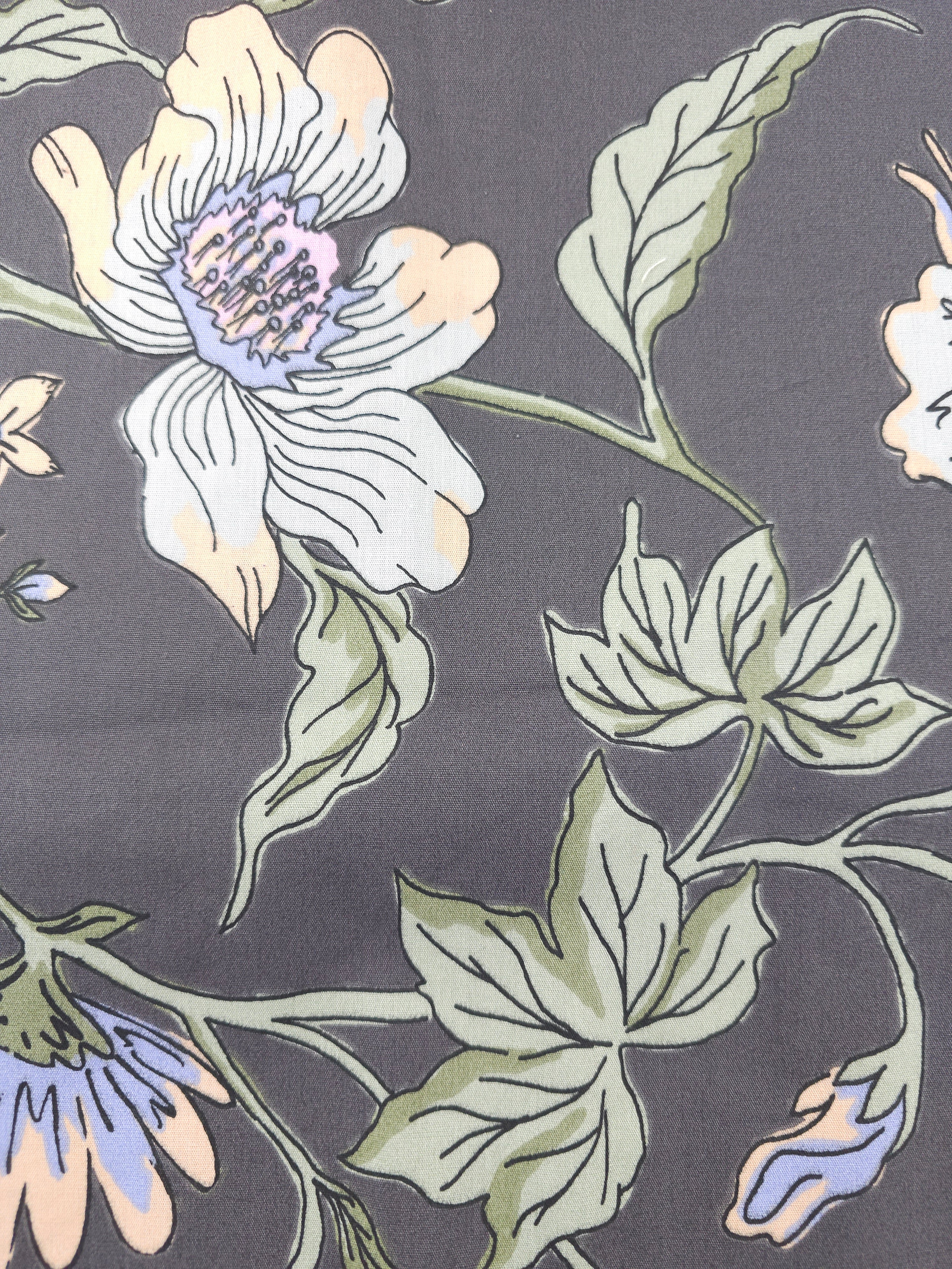 Dark grey sketch floral Cotton- 1m piece