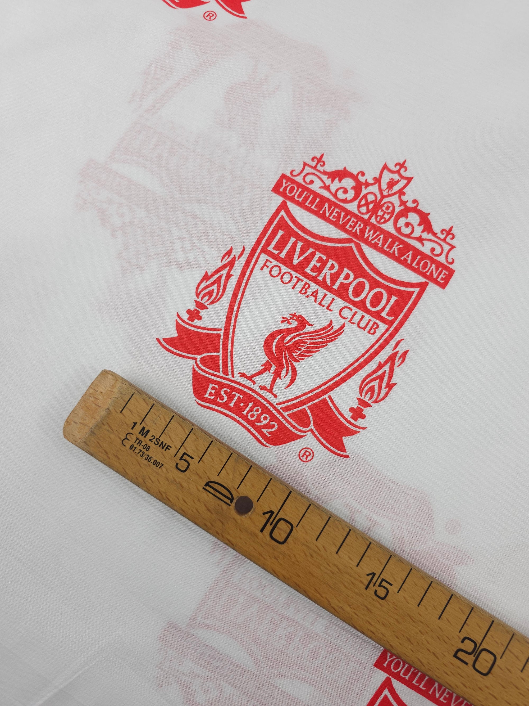 White/Red Liverpool FC Emblem 100% Cotton Football Fabric 106" *EXTRA WIDE*