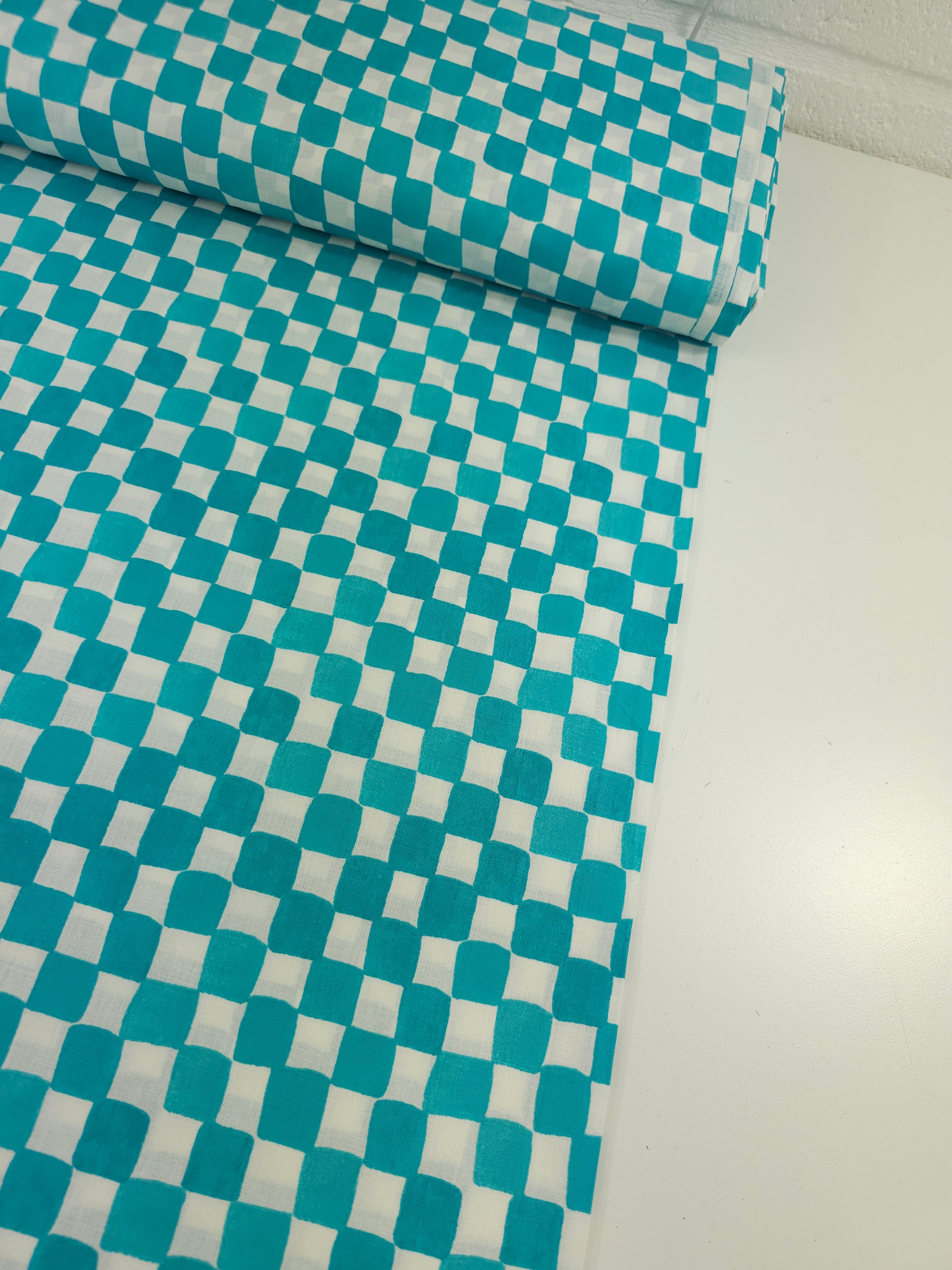 Aqua Teal Watercolour Check 100% Cotton 98" *EXTRA WIDE*