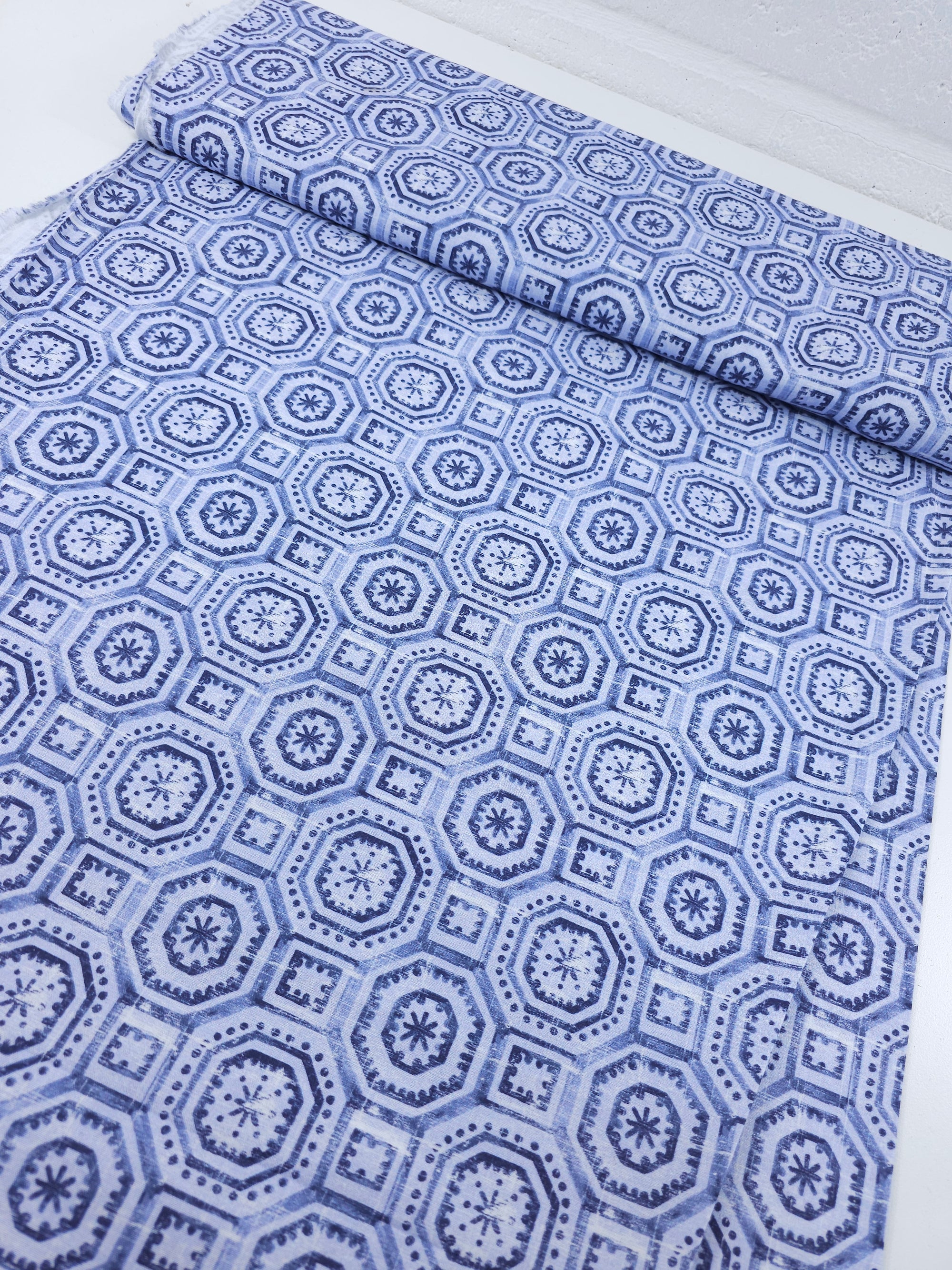 Cornflower Blue/Navy Mosaic Shapes 100% Cotton