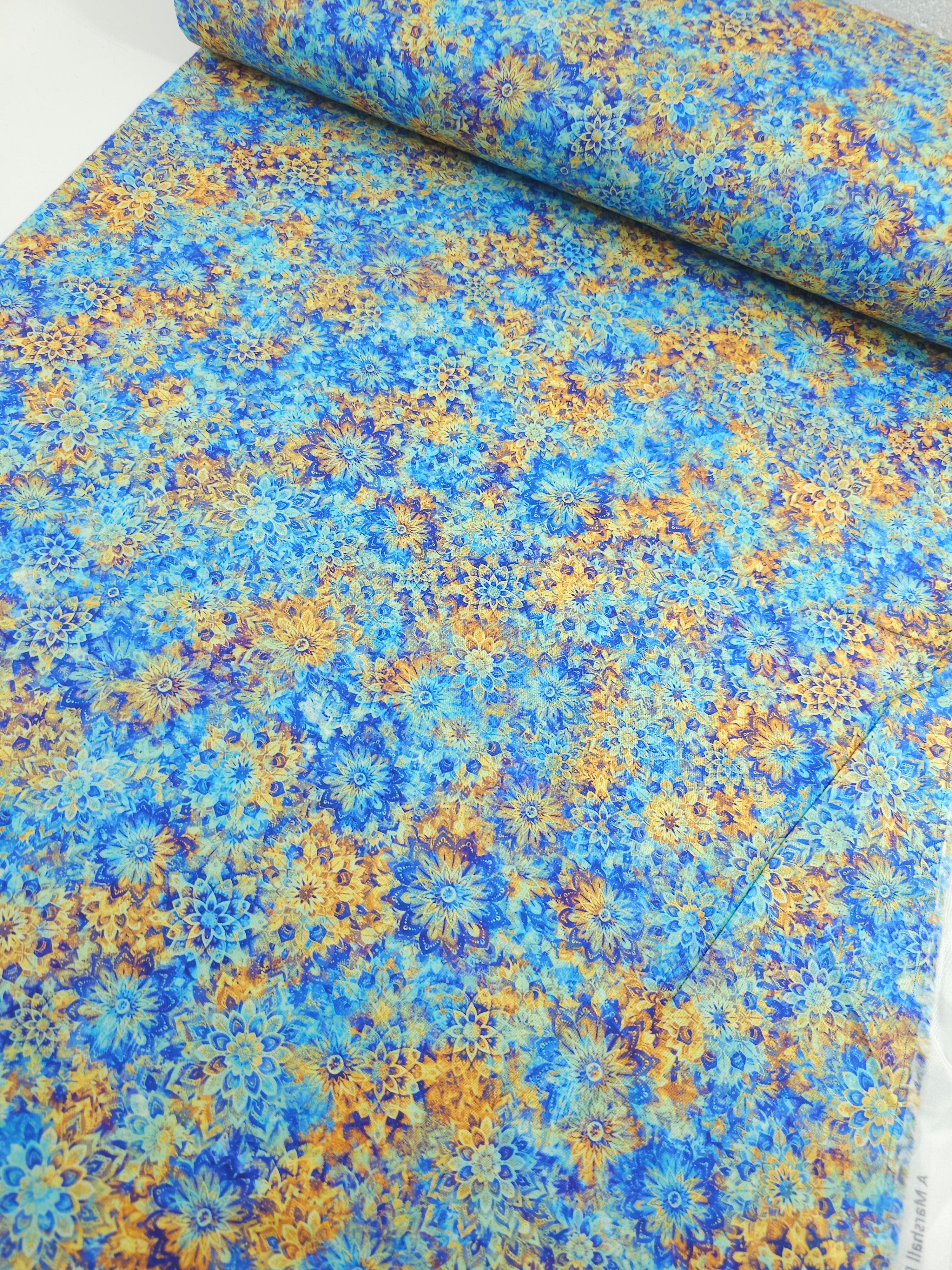 Marigold/Blue Dancing Dahlias Kaleidoscope 100% Cotton