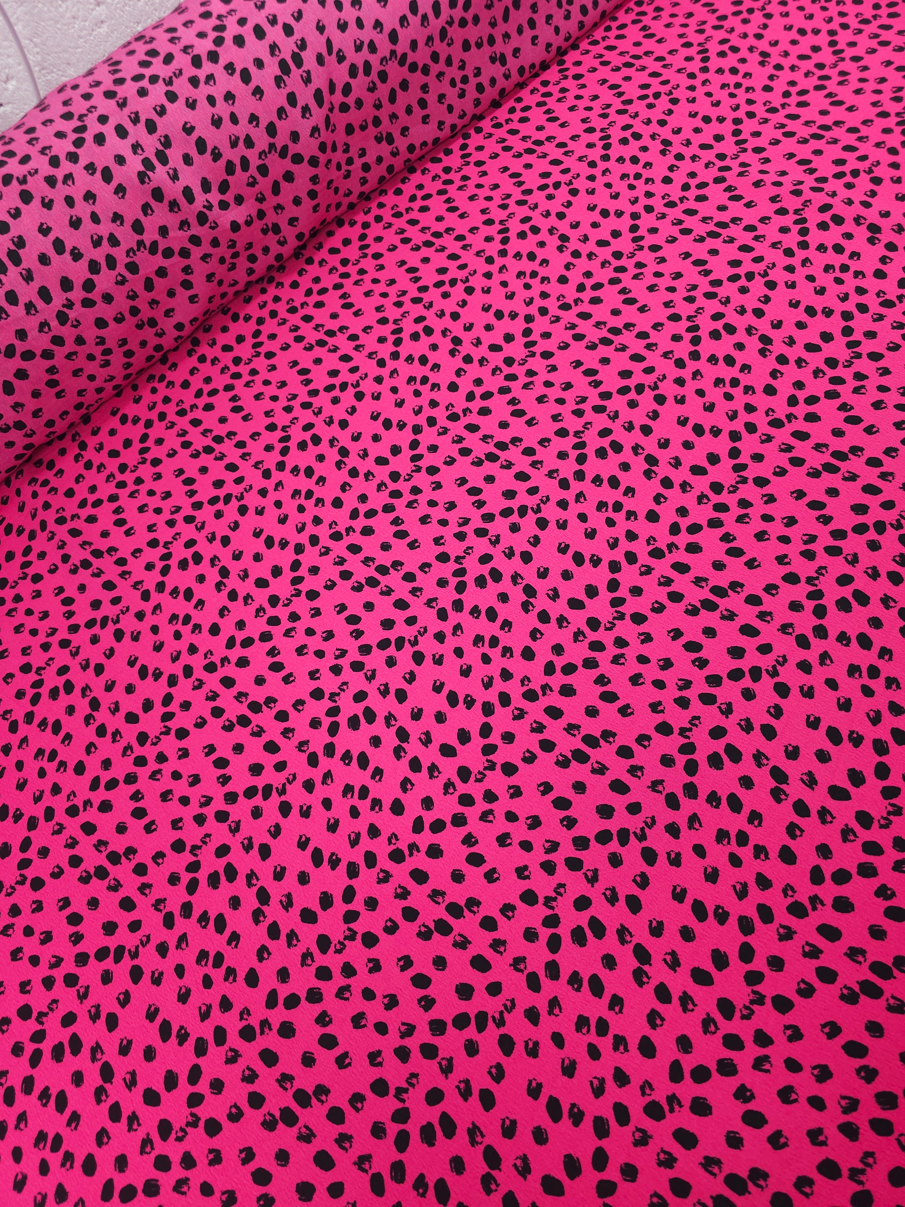 Hot Pink/Black Irregular Polka Poly Crepe