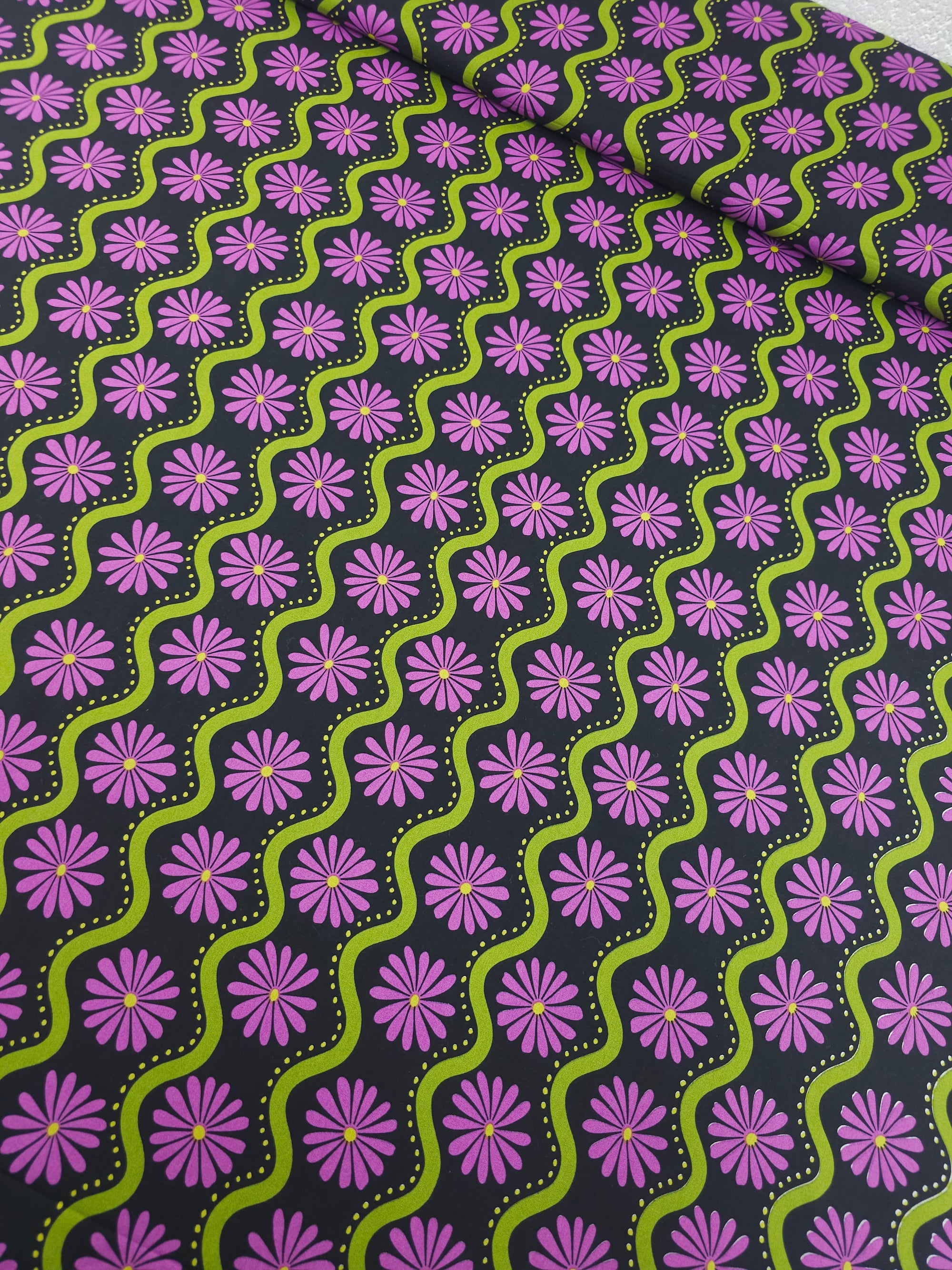 Purple/Olive Wavy Floral Stripe Cotton Viscose 57"
