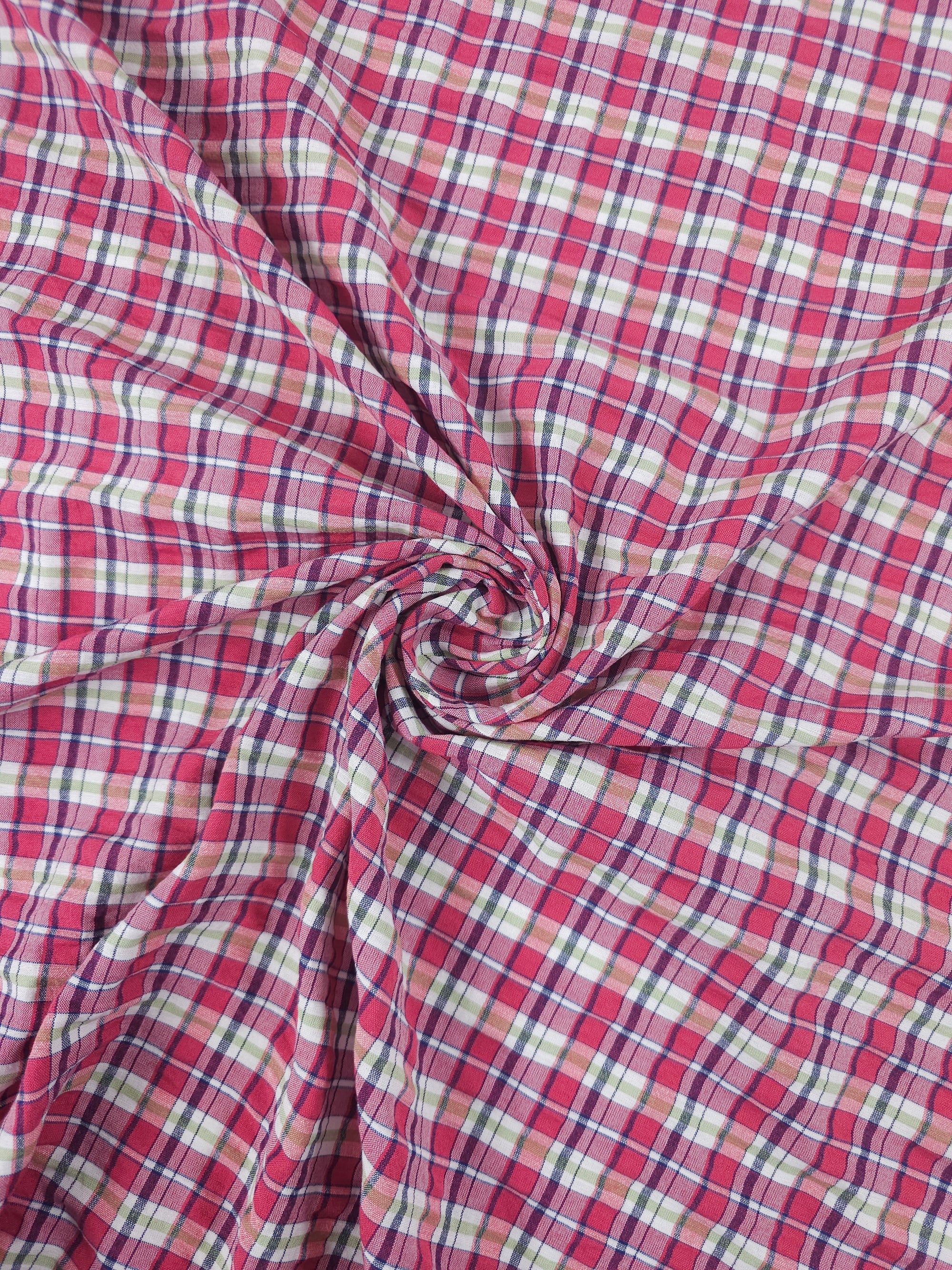 Rose/Green Tartan Crinkle Cotton