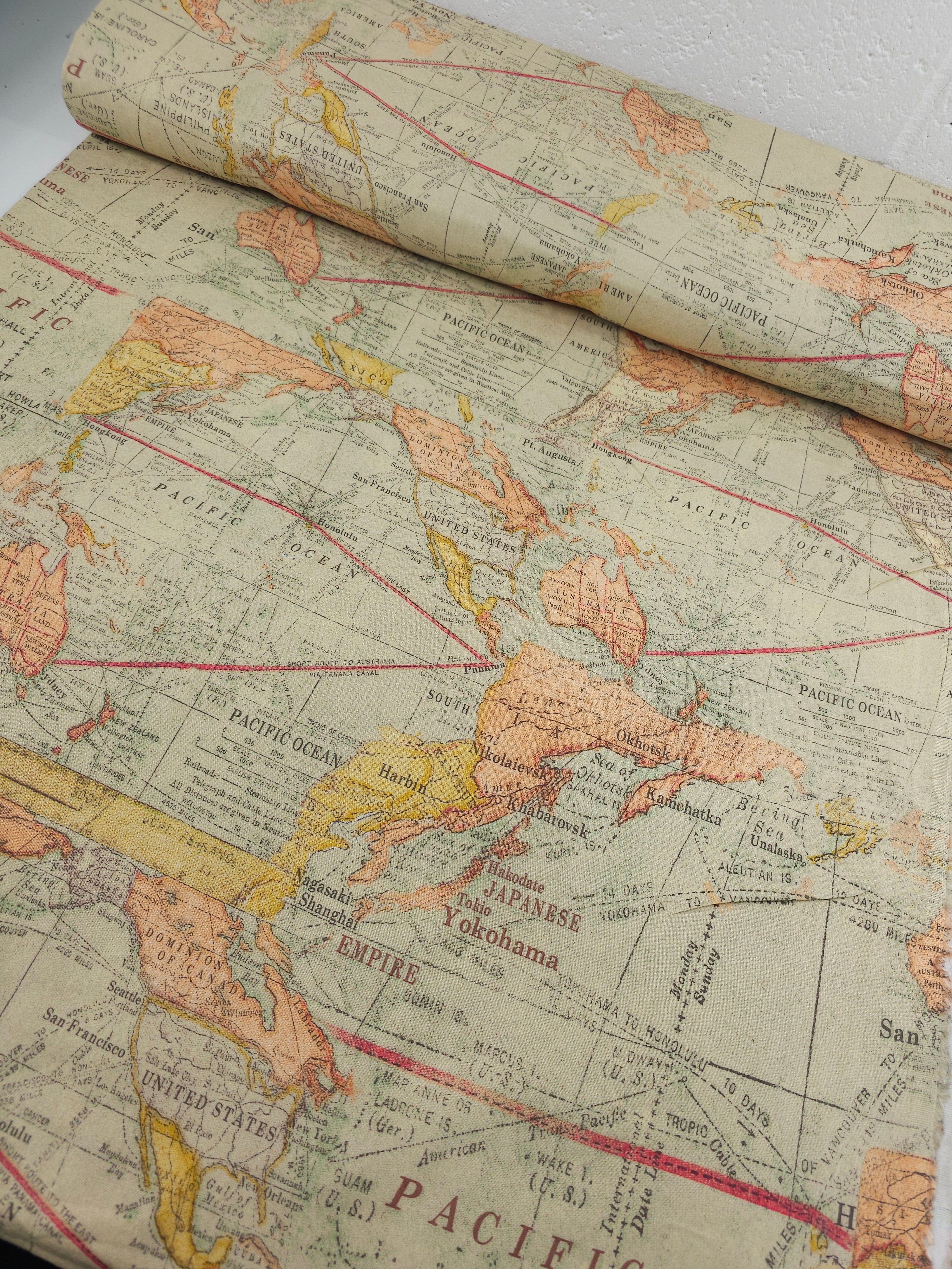 Vintage Map 100% Cotton 104" *EXTRA WIDE*