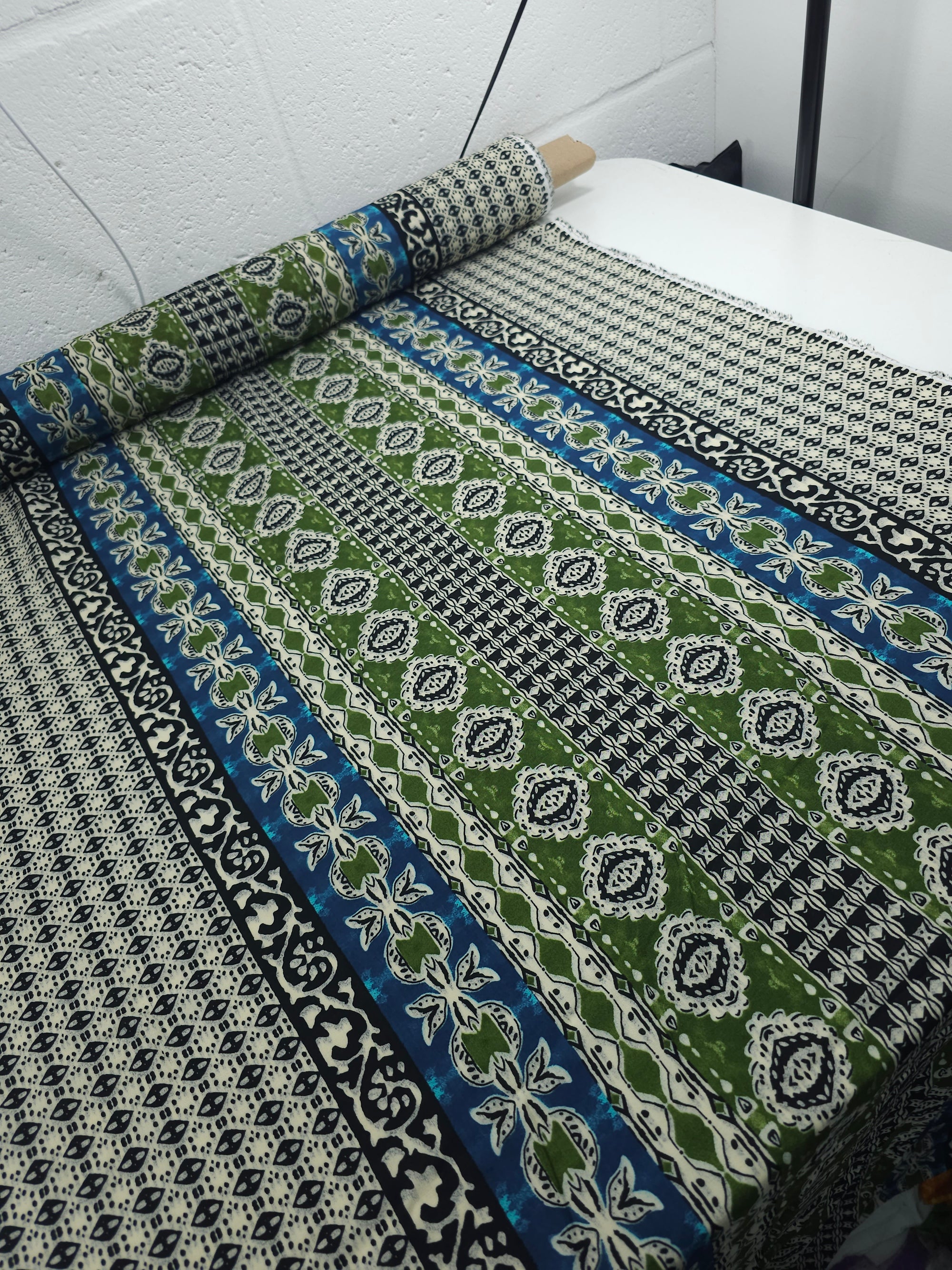 Green/Blue Boho Panel Stripe Viscose Challis