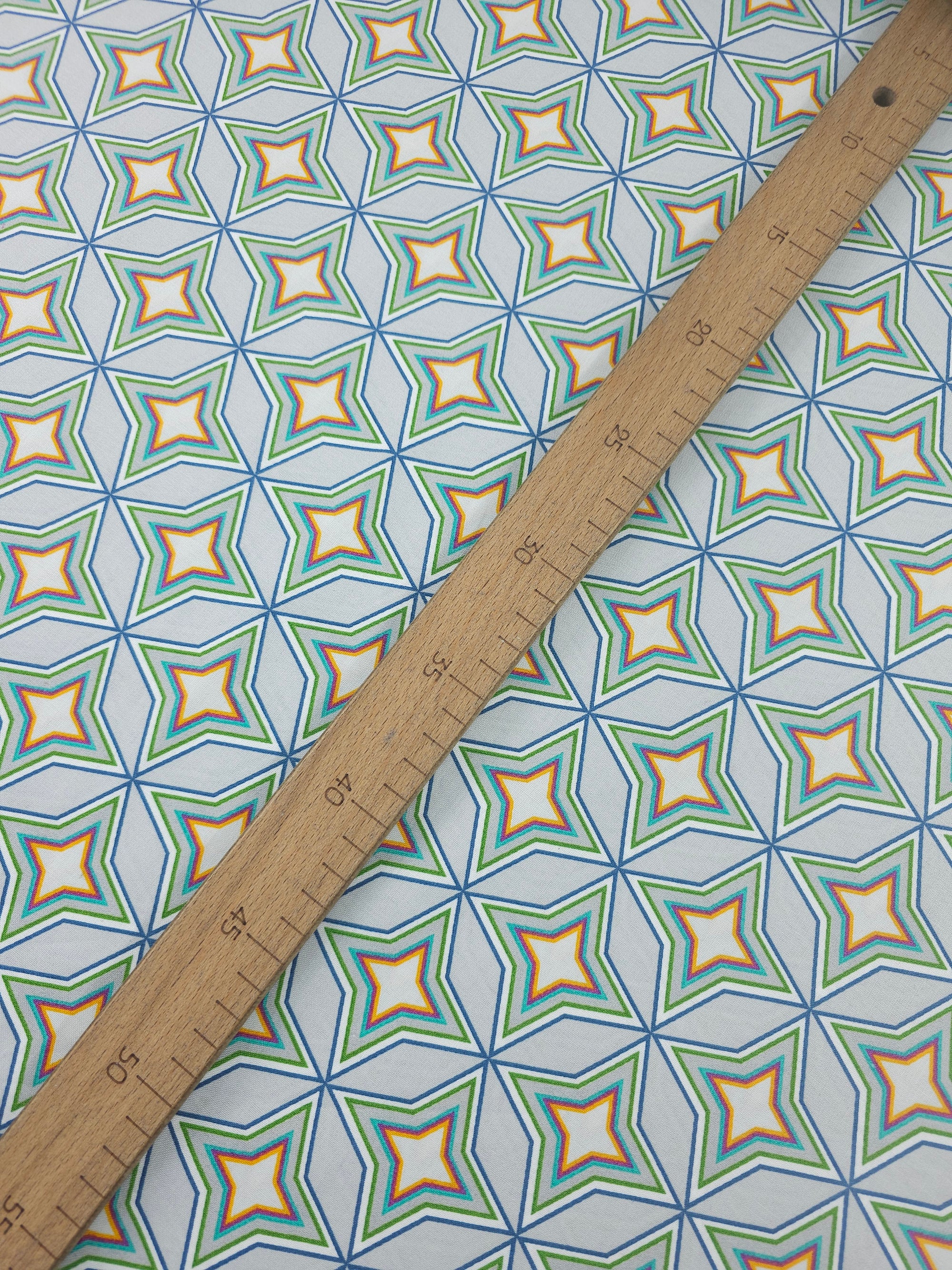 Grey/Mint Geometric Diamond Star 100% Cotton - Benartex