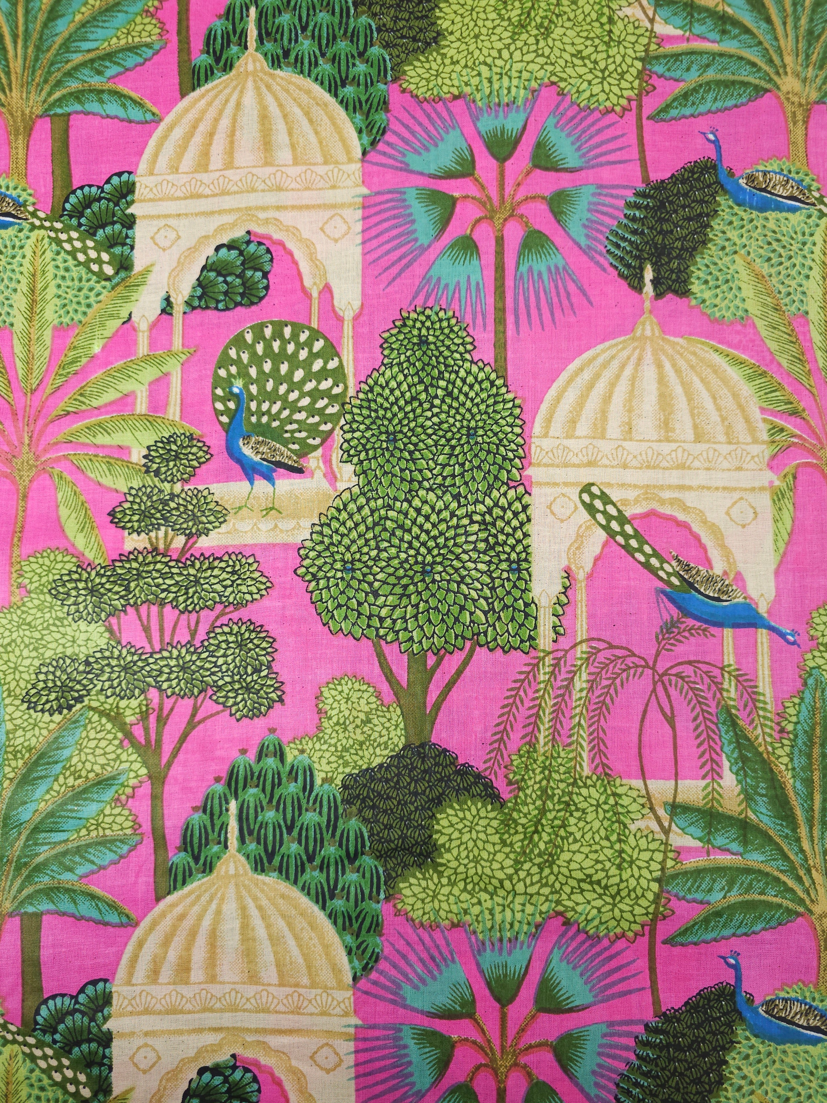 Fuchsia Pink Peacock Pavilion Block Print Cotton