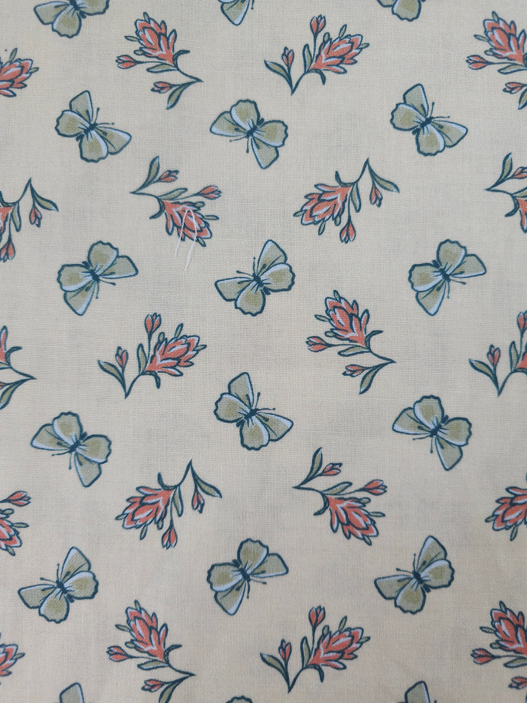 Cream Retro Butterfly Flower 100% Cotton