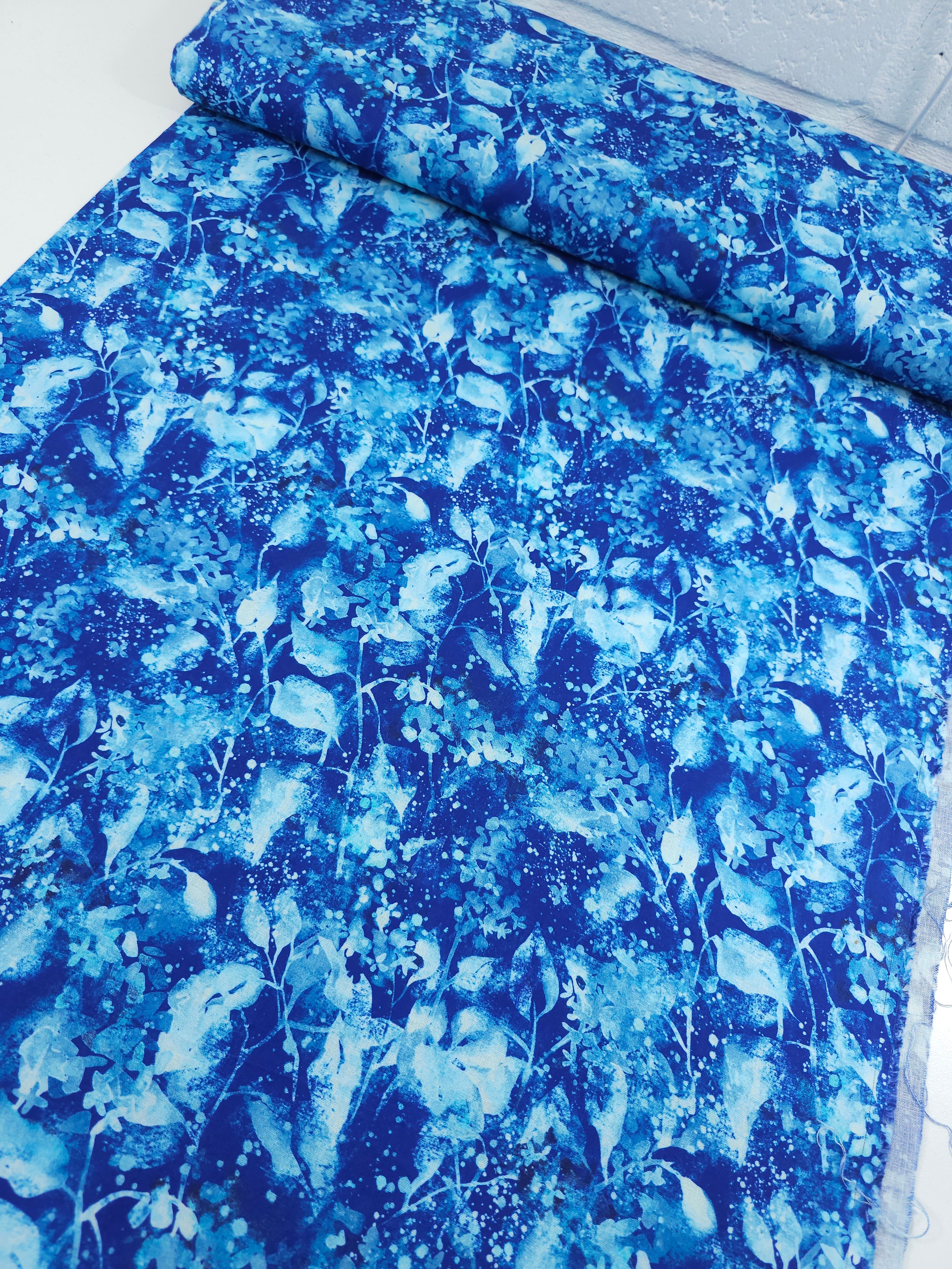 Blue Frosted Leaves 100% Cotton