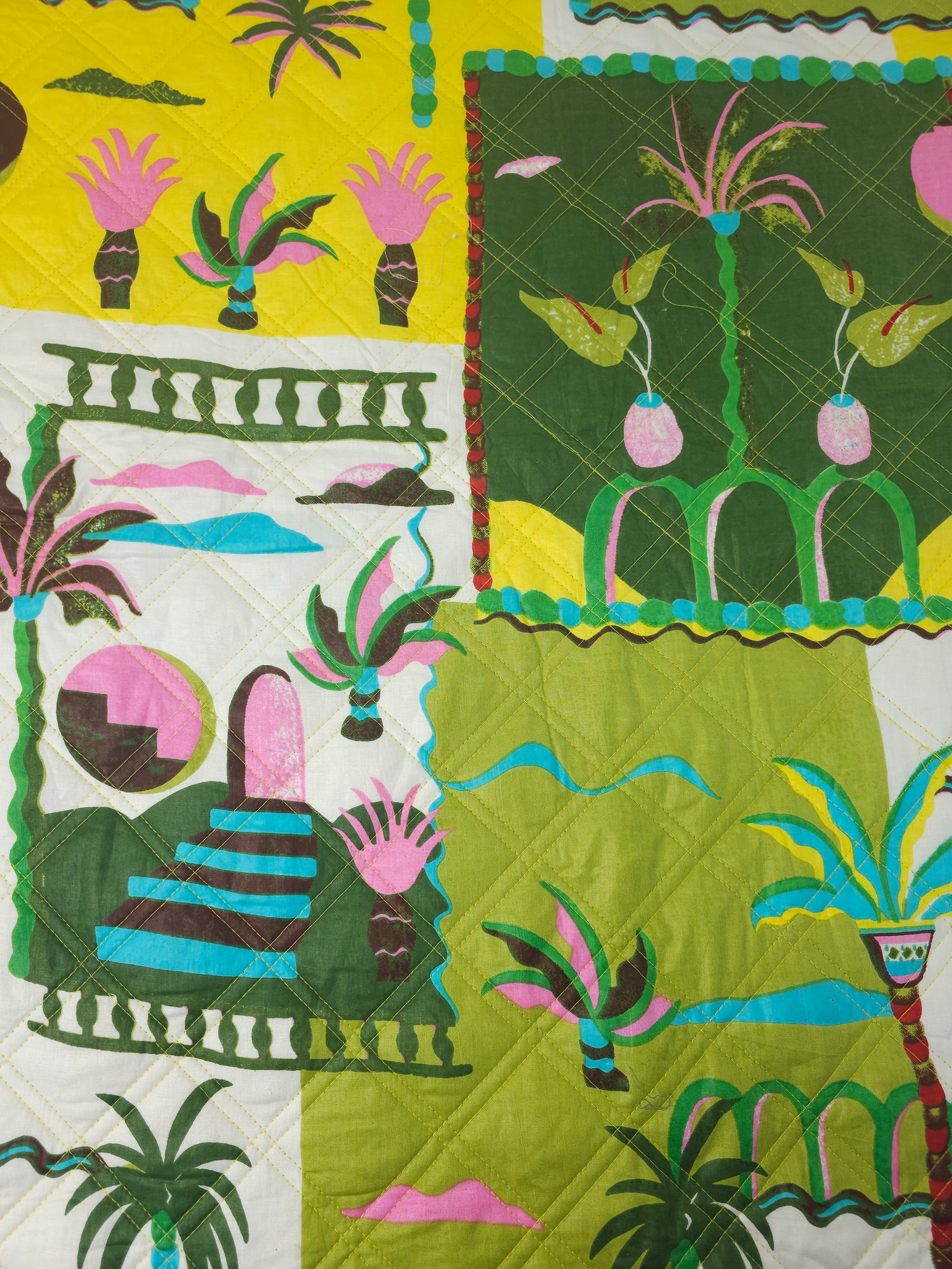 Green/Yellow Palm Tree Scenery Quilted Screen Print - 1.35m Piece