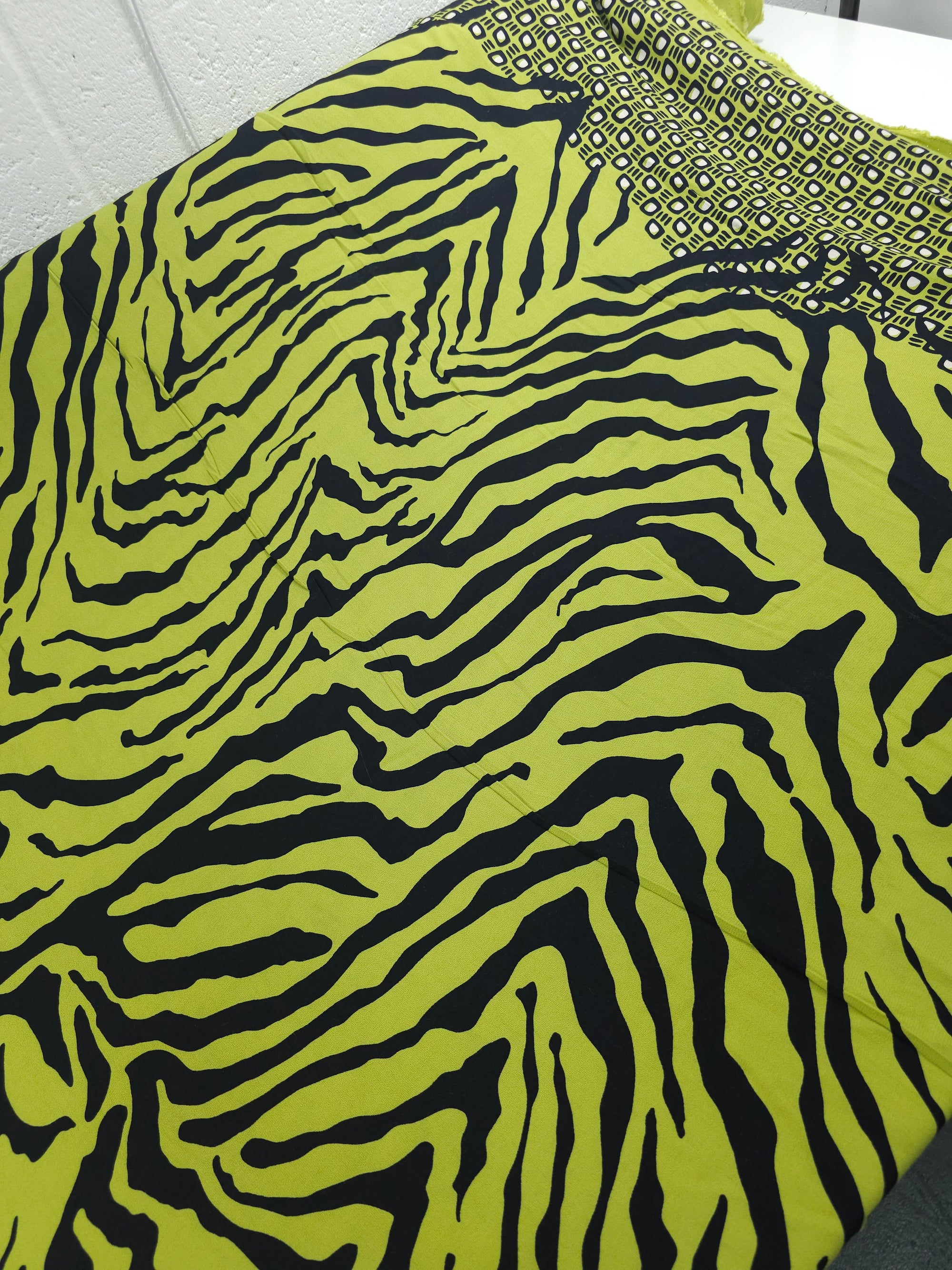 Lime Zebra Doodle Satin Backed Viscose Crepe