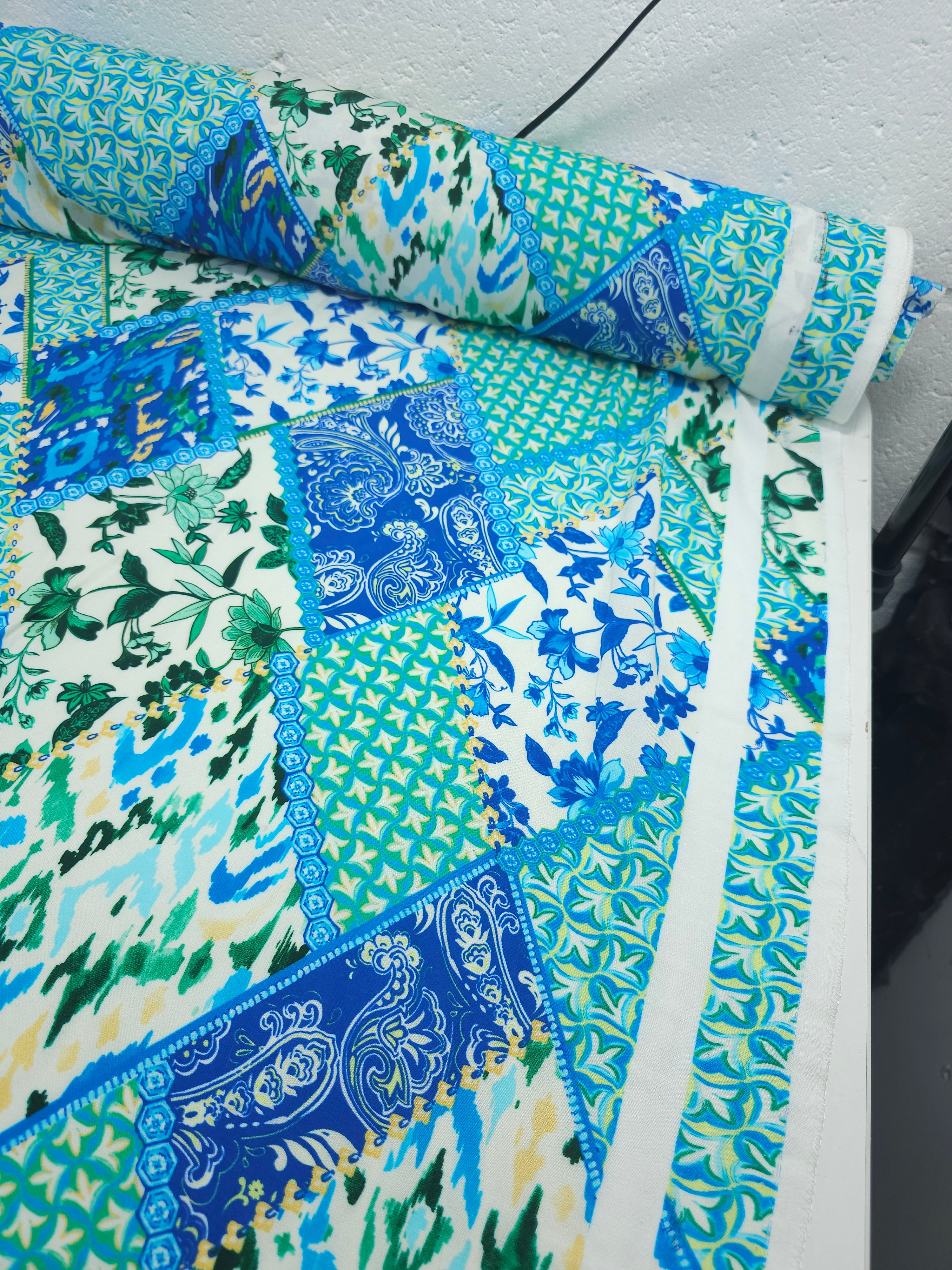 Blue/Green Diamond Tile Viscose Challis