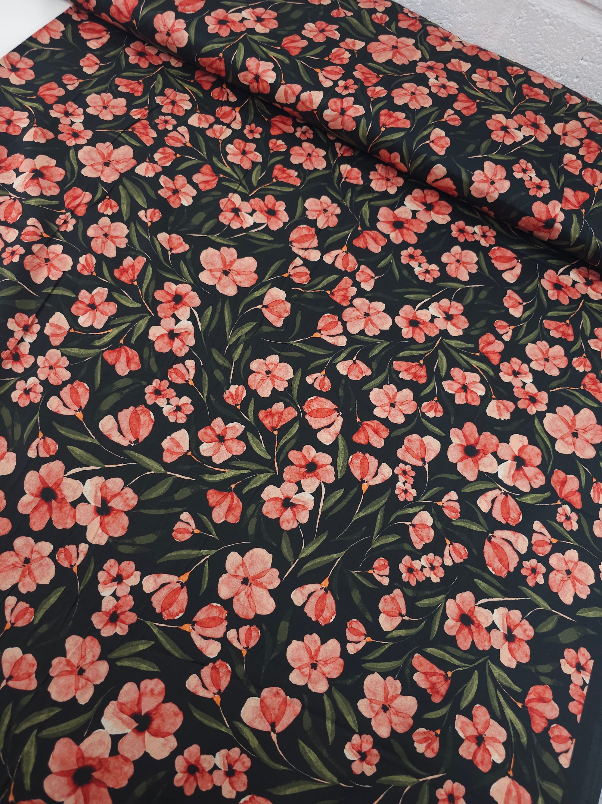 Pine Green/Coral Tossed Flower Stems Cotton Satin 57"