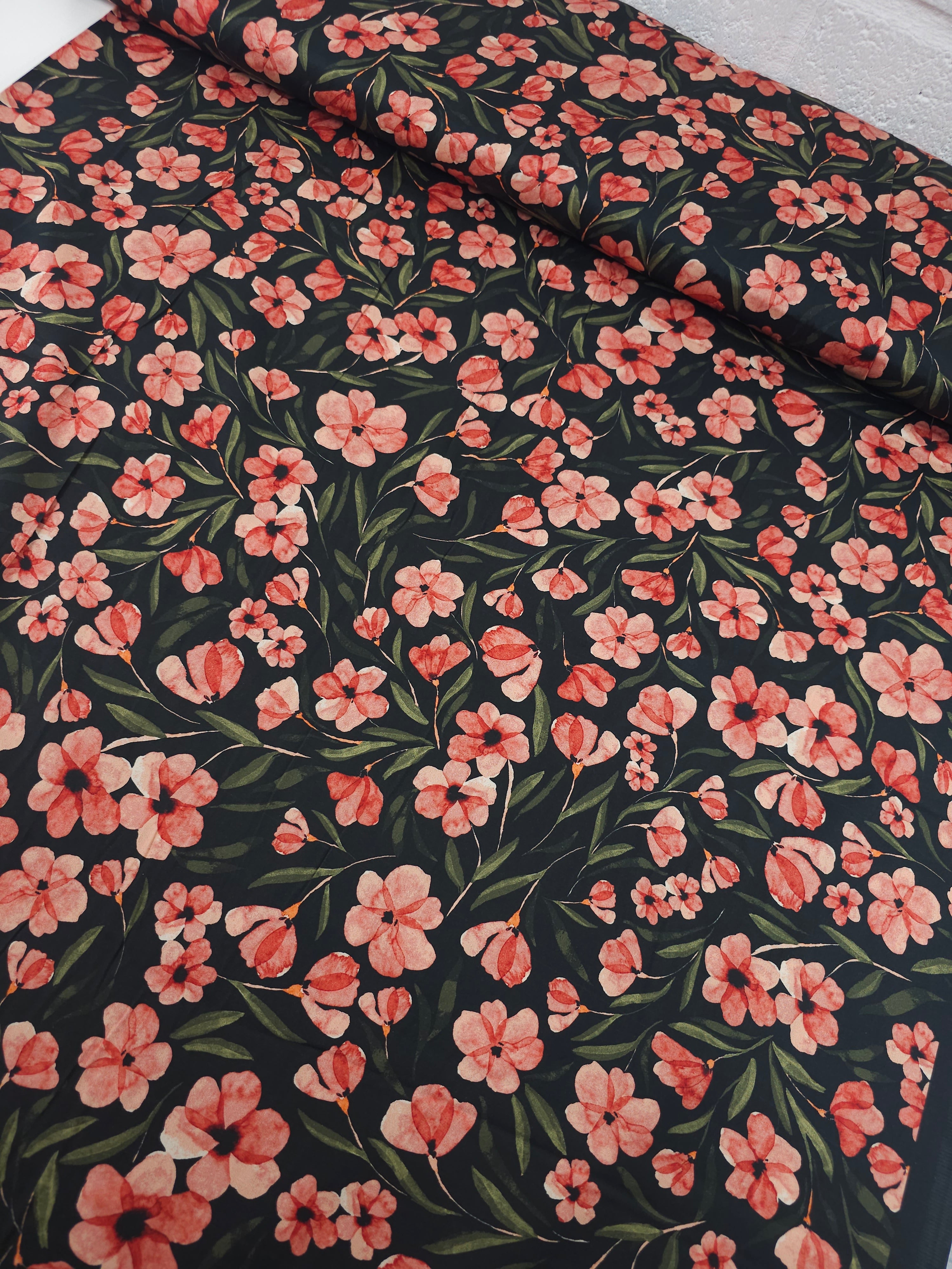 Pine Green/Coral Tossed Flower Stems Cotton Satin 57"