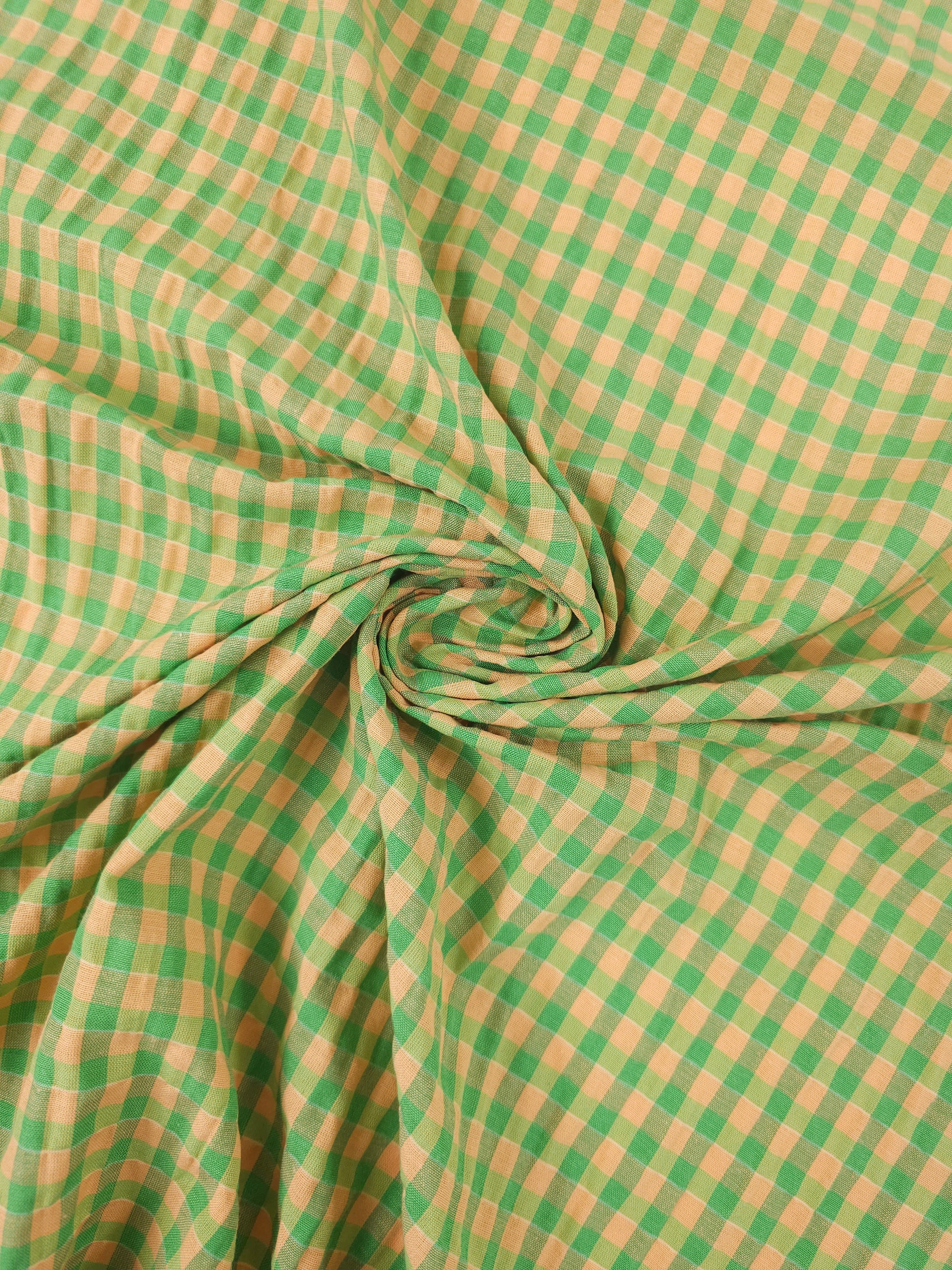 Green/Peach Crinkle Gingham Cotton Poly