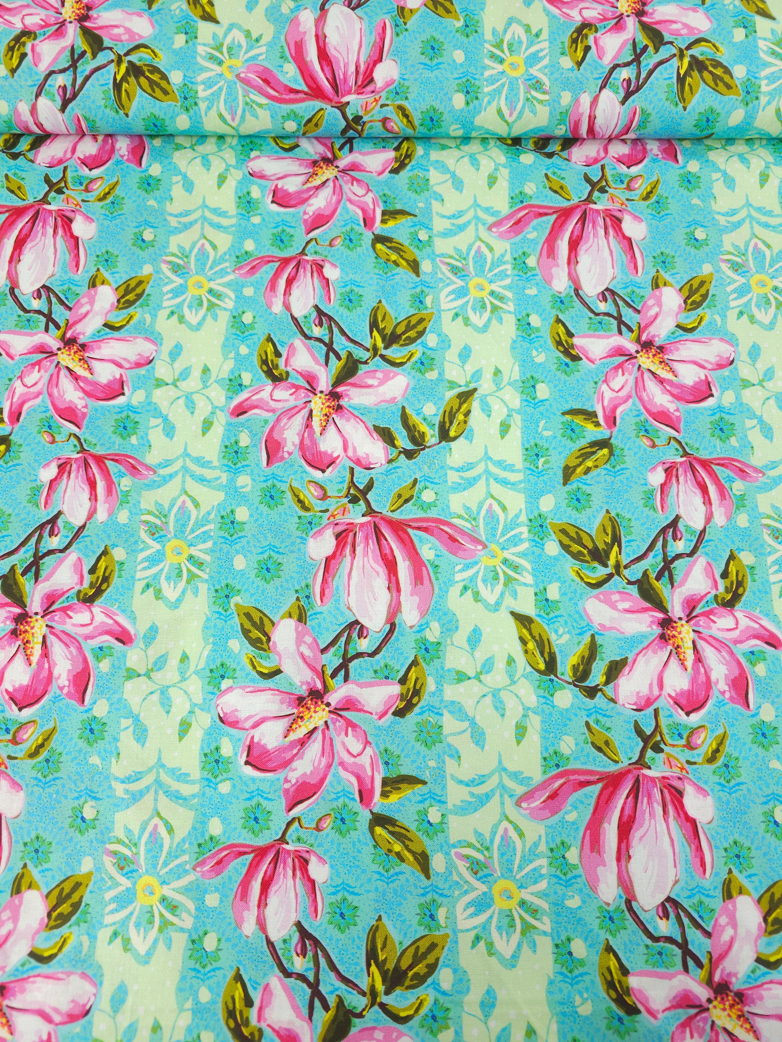 Pink/Turquoise Wildflower Vine 100% Cotton