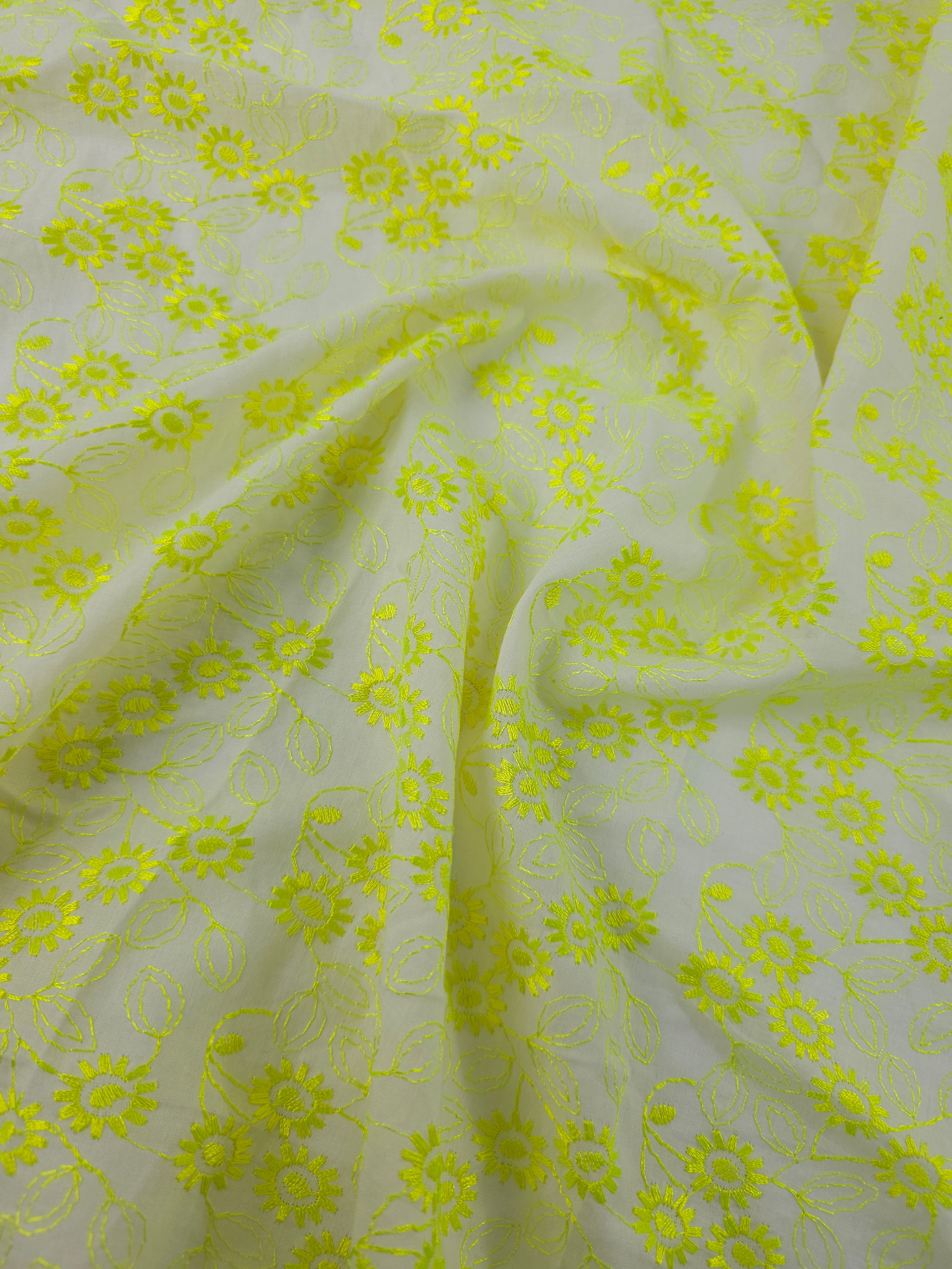 Neon Yellow Daisy Trail Fine Cotton Poplin Broderie Anglaise