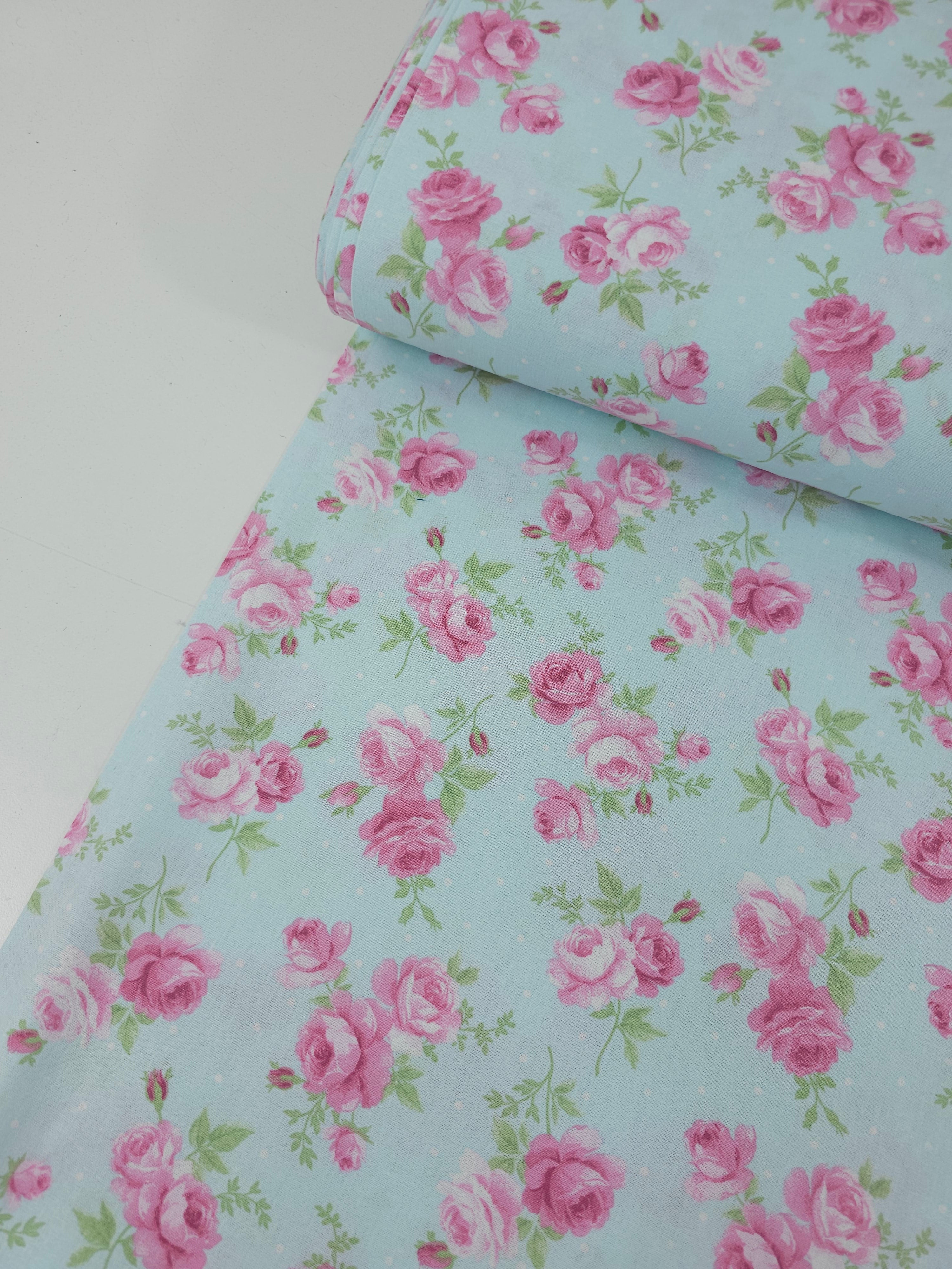 Light Blue/Pink Vintage Roses 100% Cotton