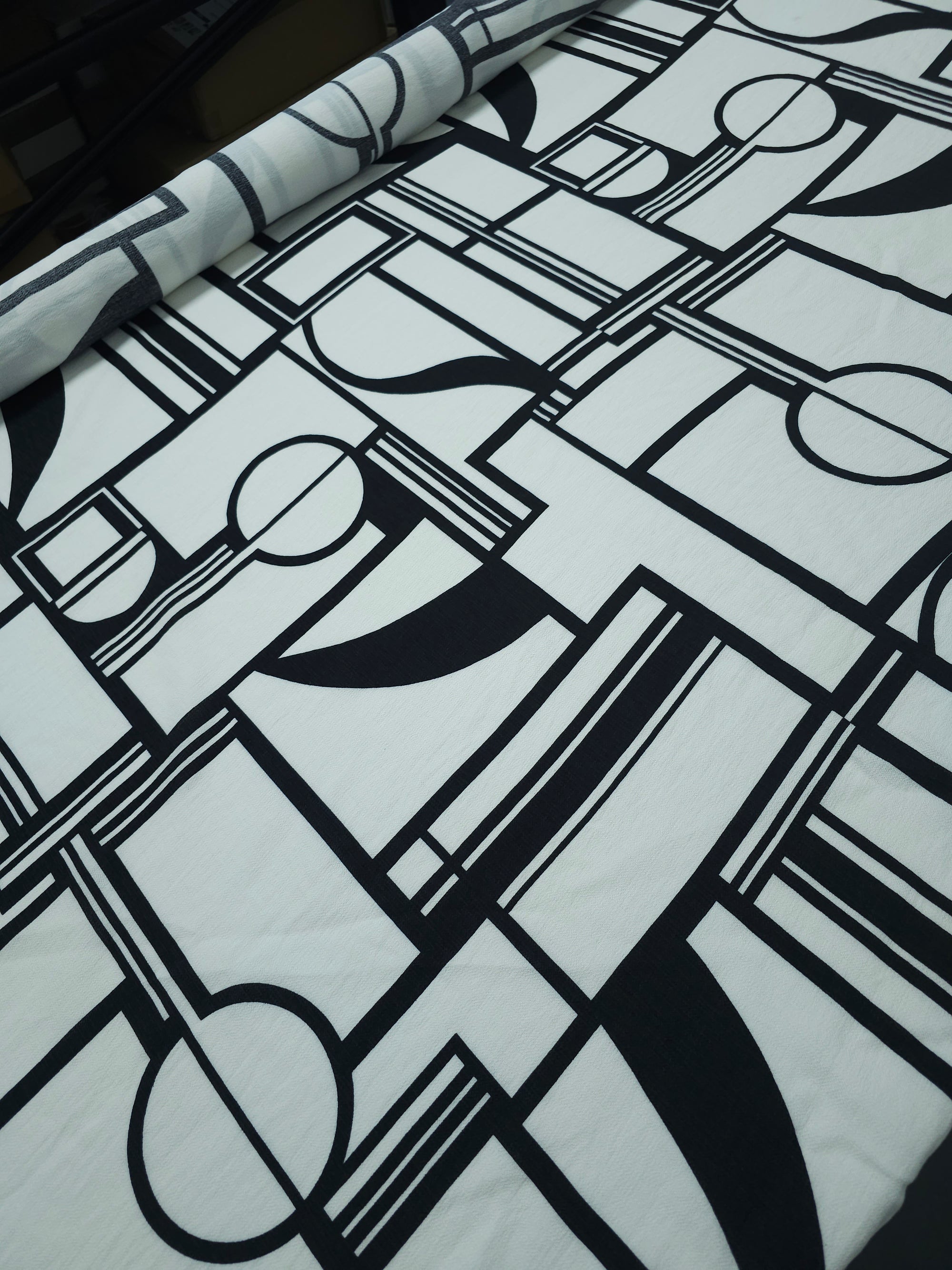 Off-White/Black Geometric Viscose Crepe