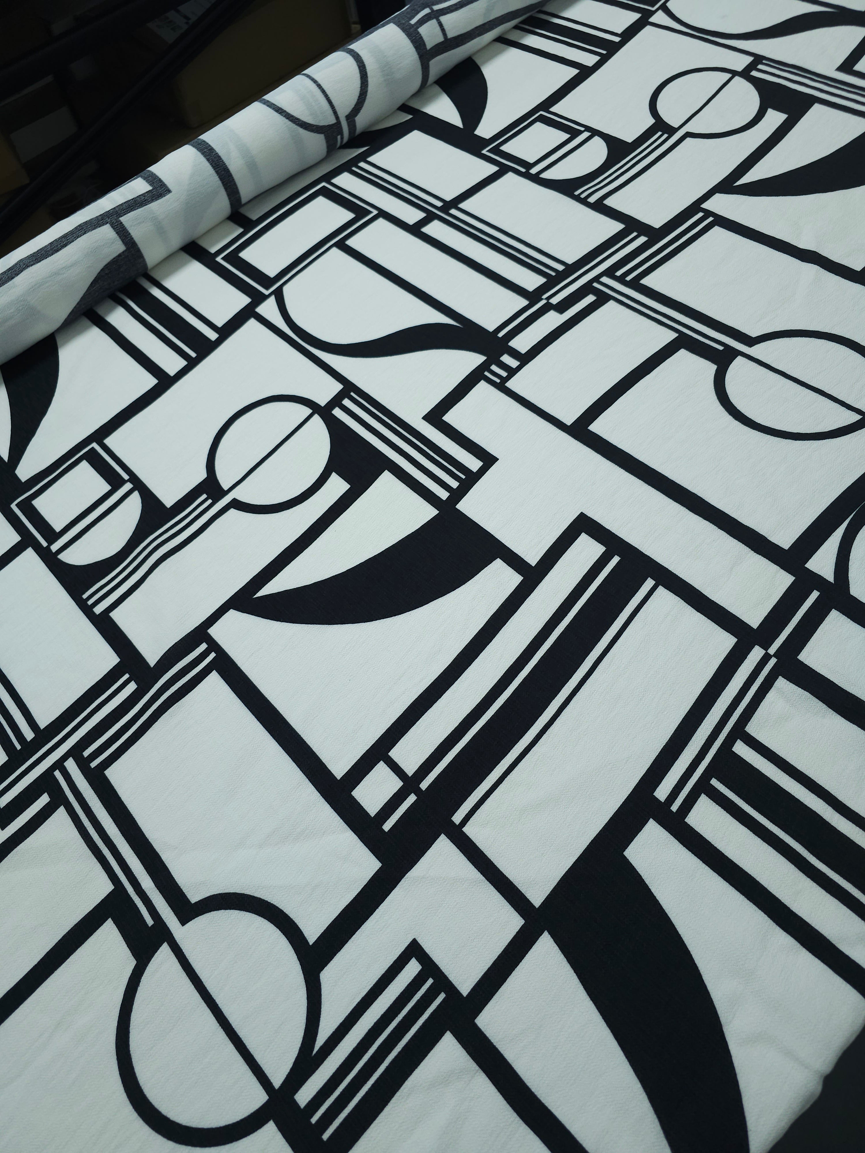 Off-White/Black Geometric Viscose Crepe