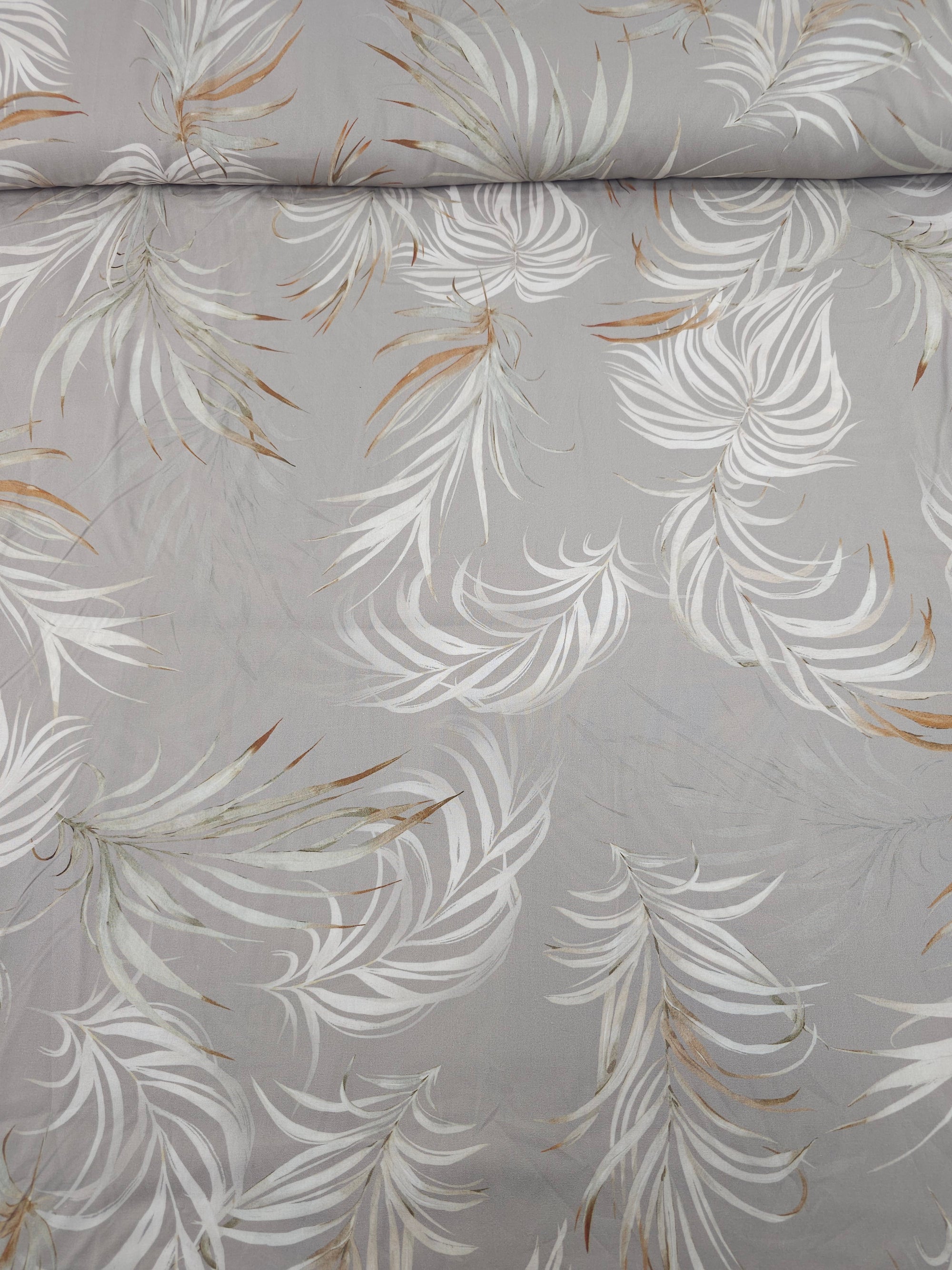 Taupe Feather Leaves Lightweight Cotton 60"
