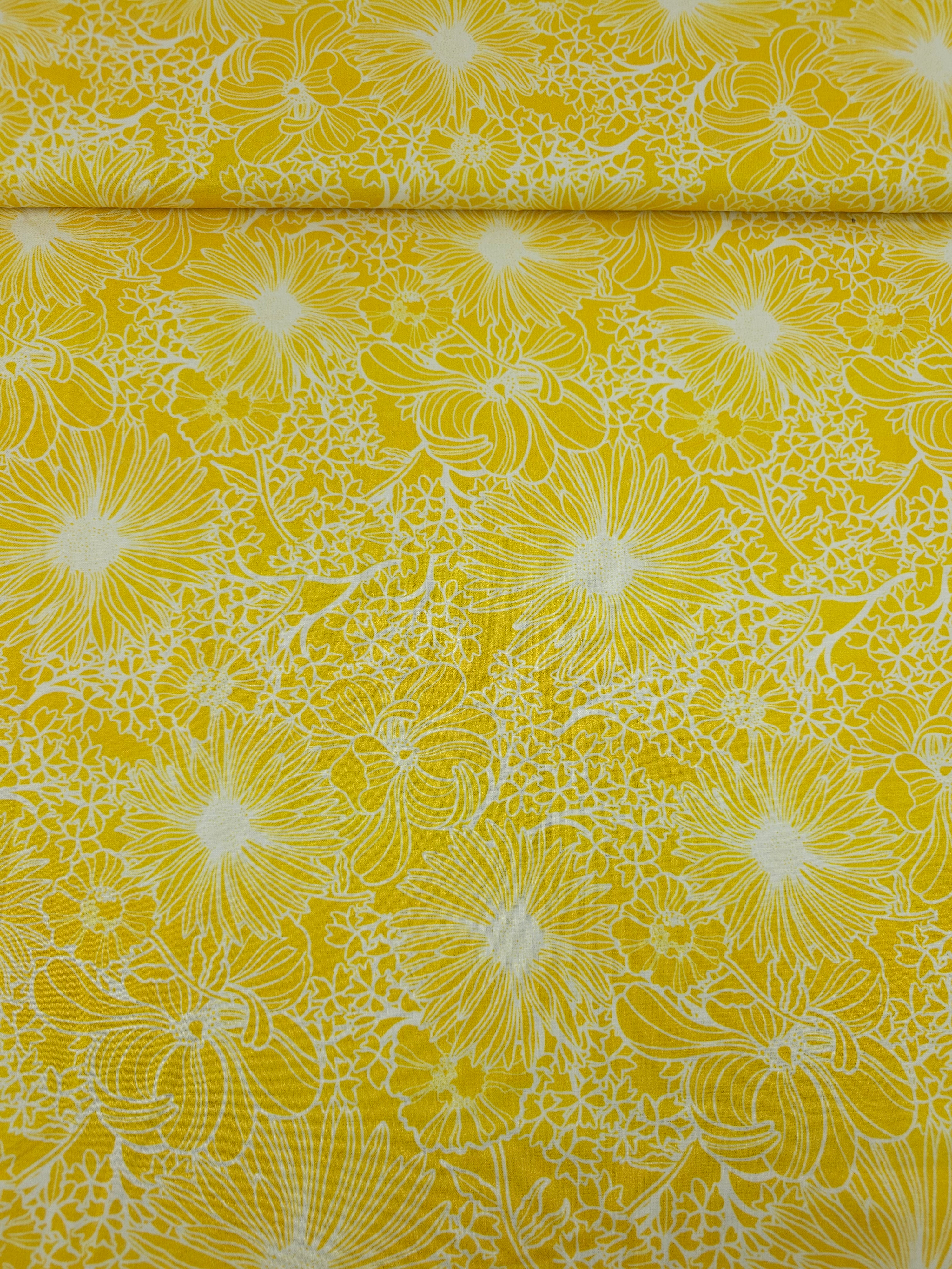 Sunny Yellow Wonder Floral Sketch 100% Cotton