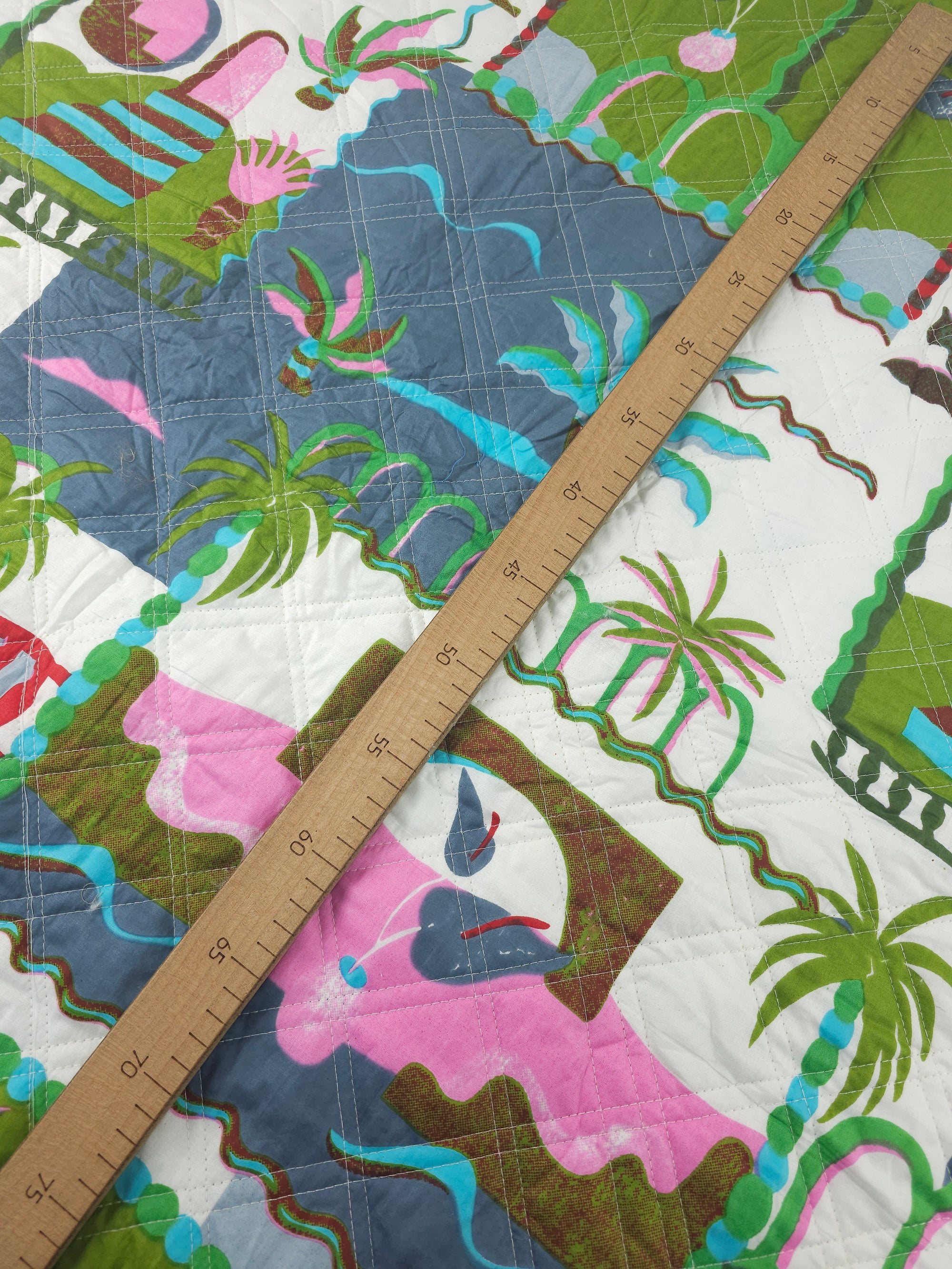 Grey/Green Palm Tree Scenery Quilted Screen Print - 1.35m Piece