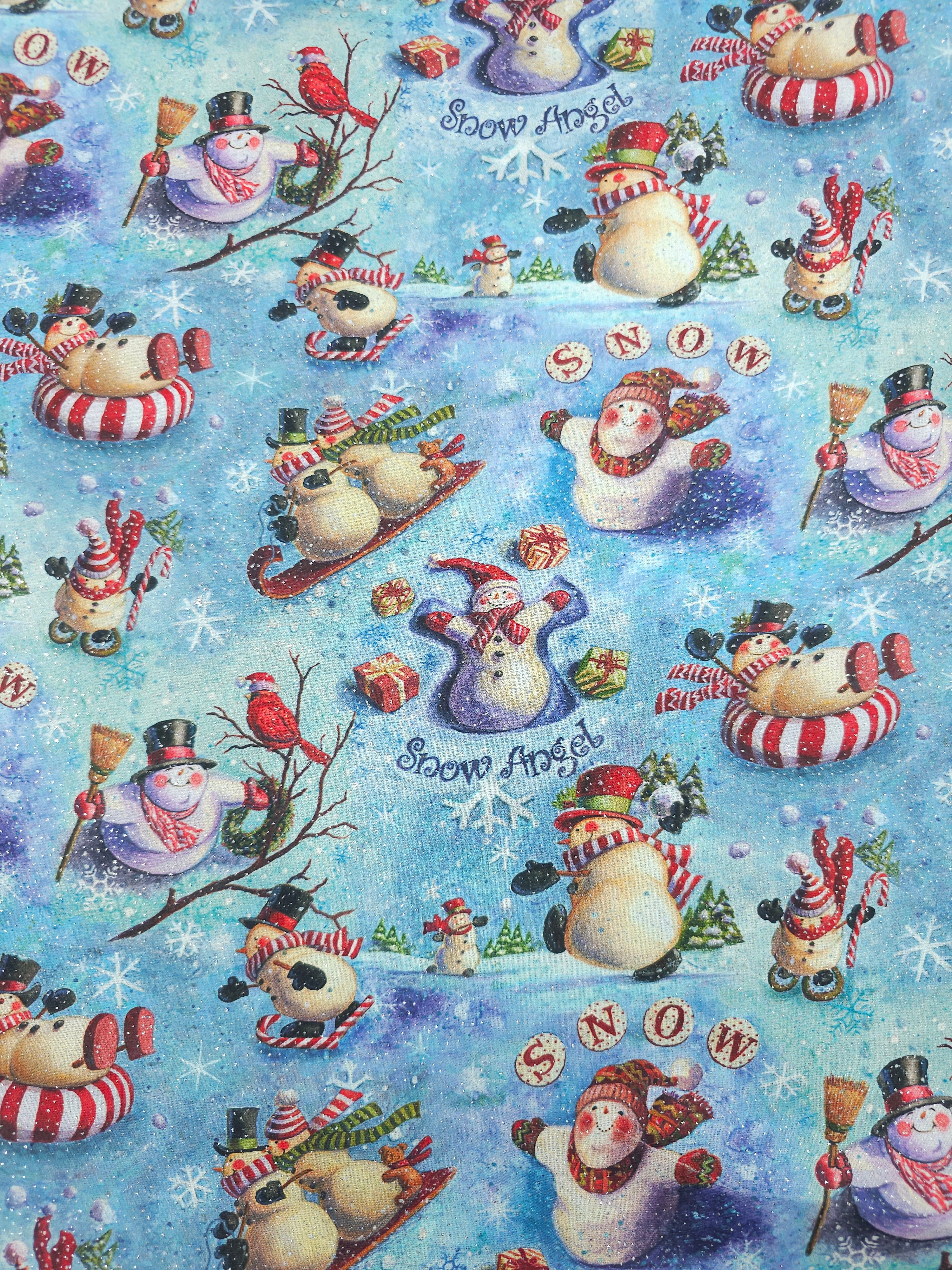 Springtime Quilt Block Pattern Glitter Snowman 100% Cotton- Geoff Allen – Rainbow Fabrics
