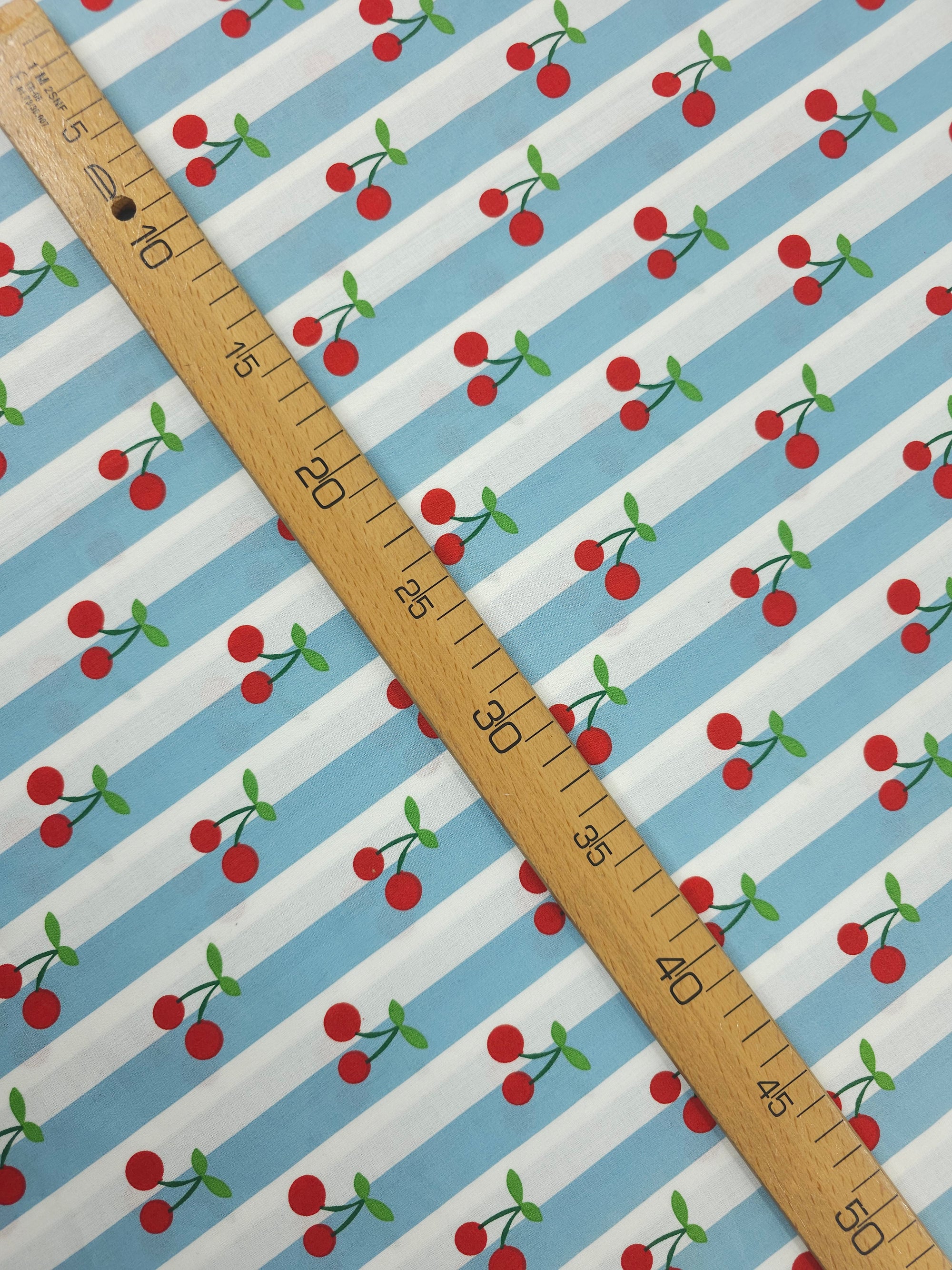 Duck Egg Blue Cherry Stripe Lightweight Cotton 57"