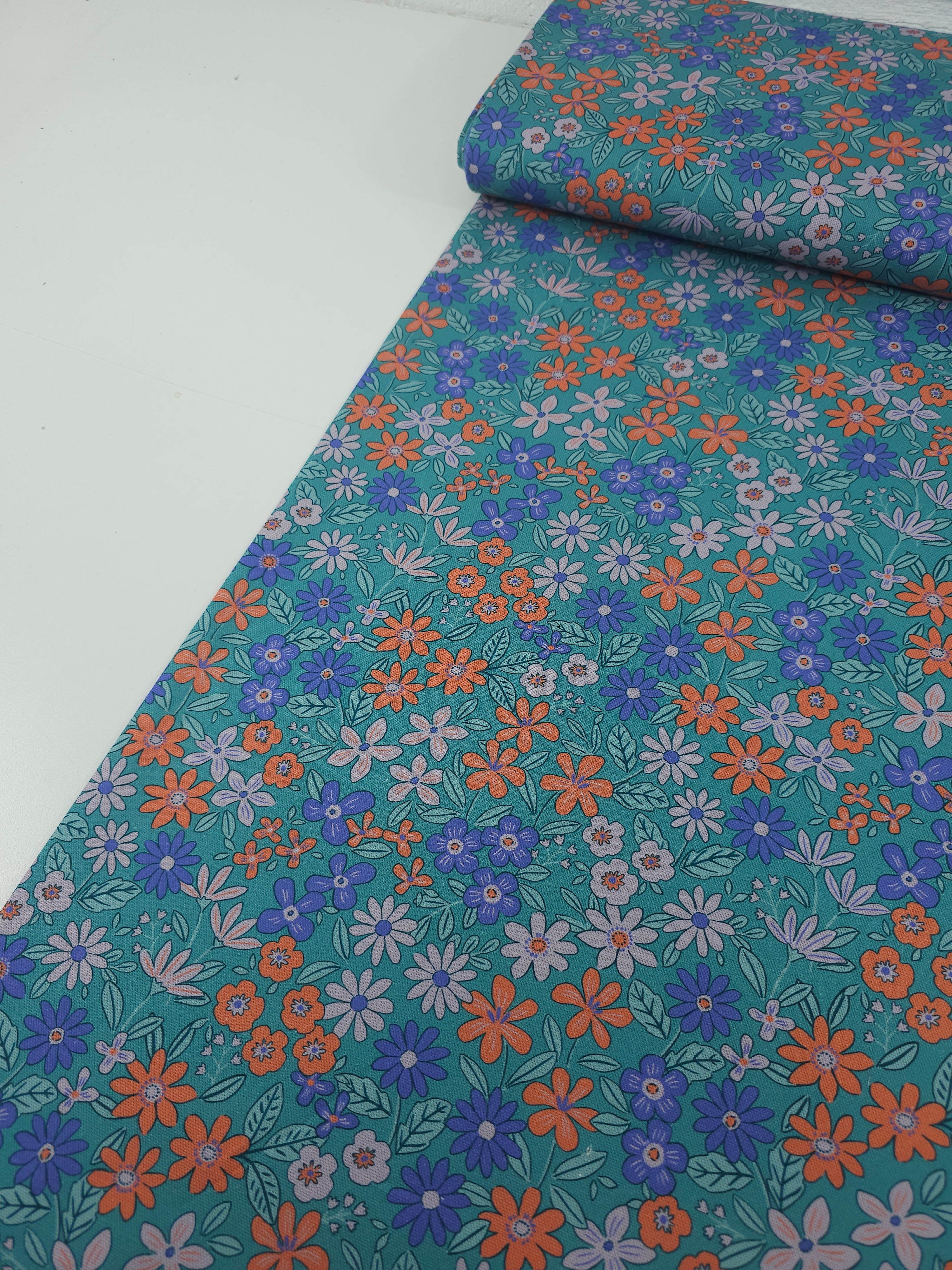 Teal Doodle Flower Bloom Canvas Cotton