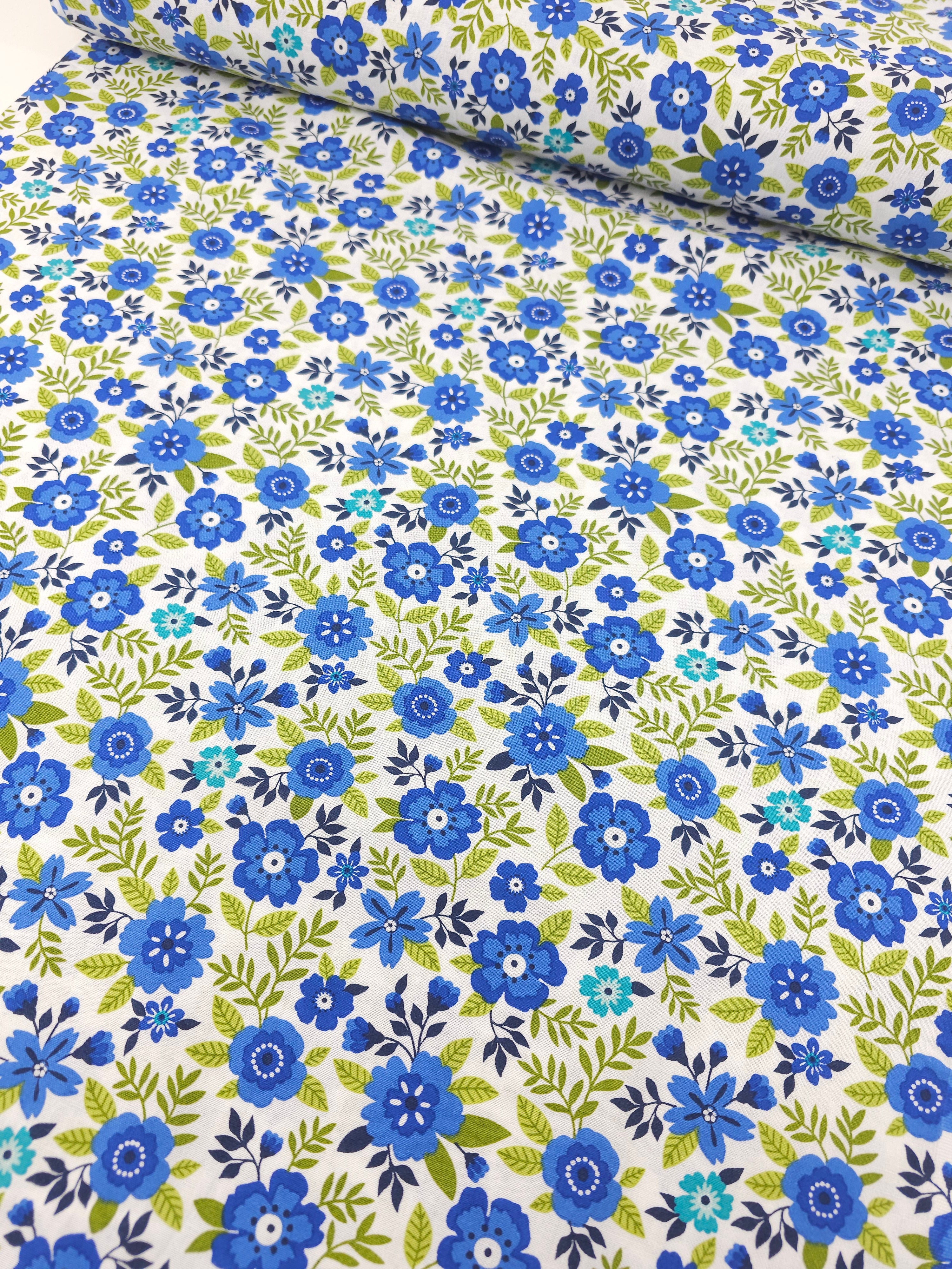 Blue/Lime Spring Bloom Floral 100% Cotton