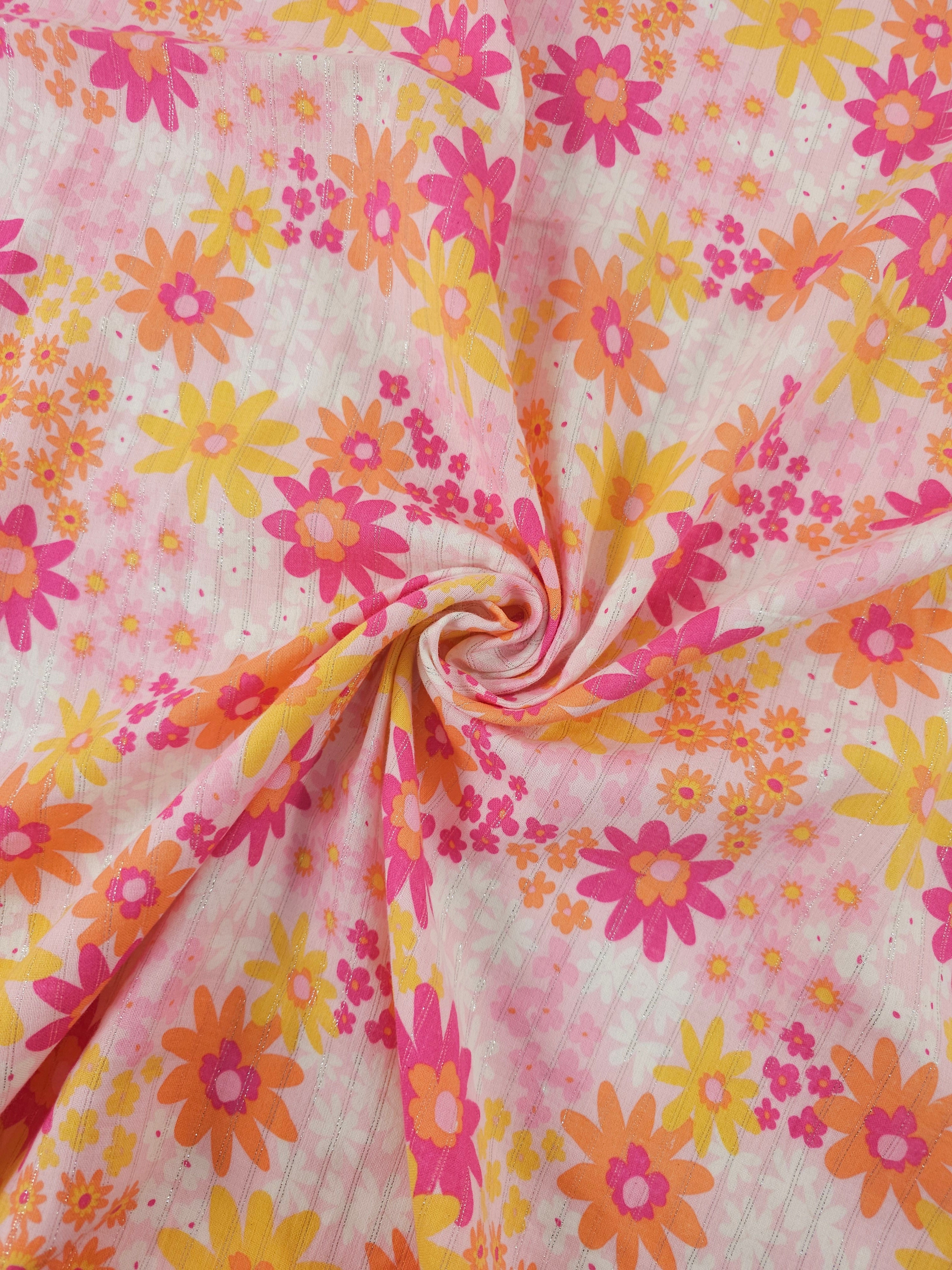 Orange/Pink Floral Silver Lurex Double Gauze