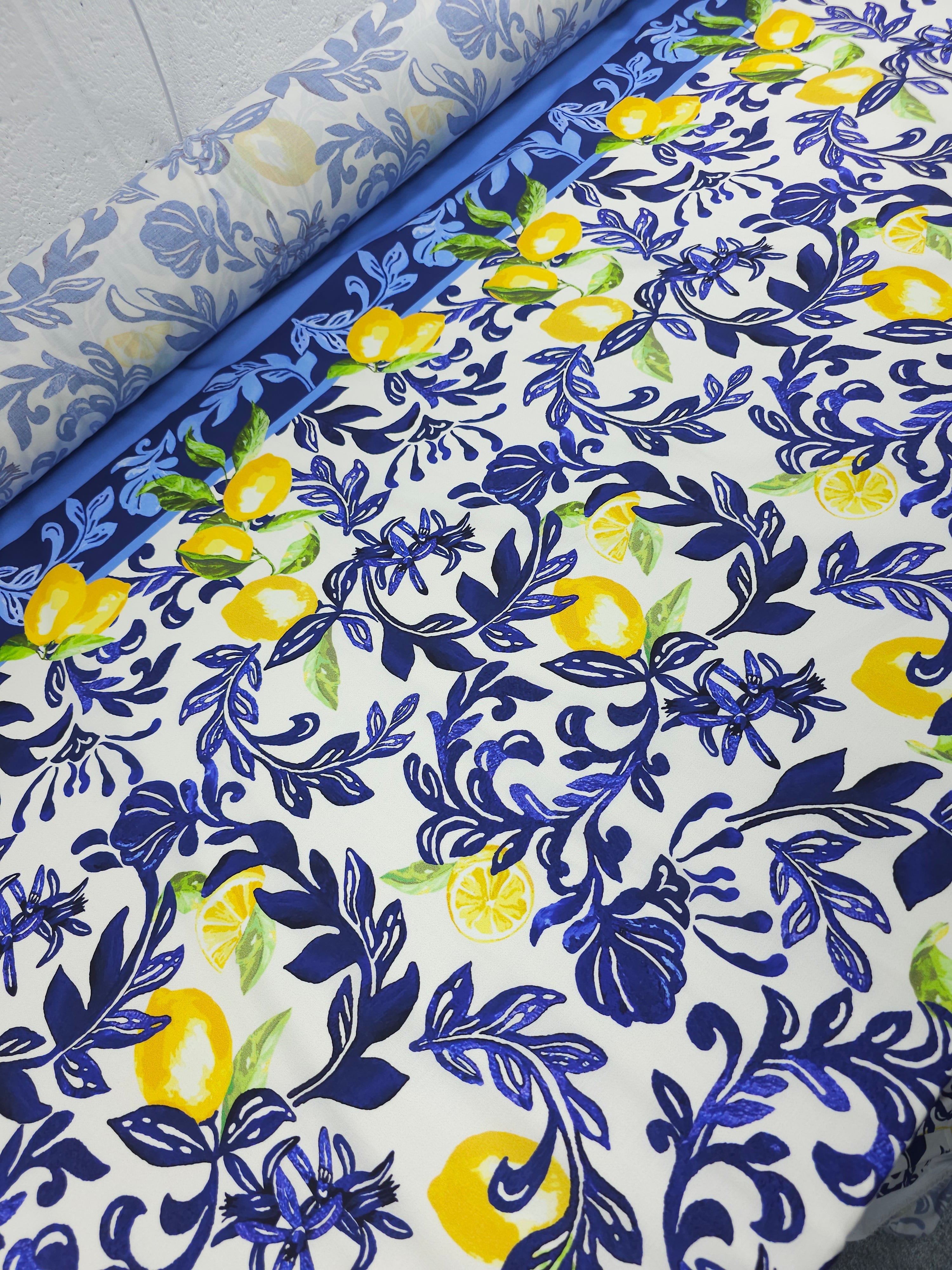 Blue/White Lemon Floral Lightweight Cotton - 1.75m Panel