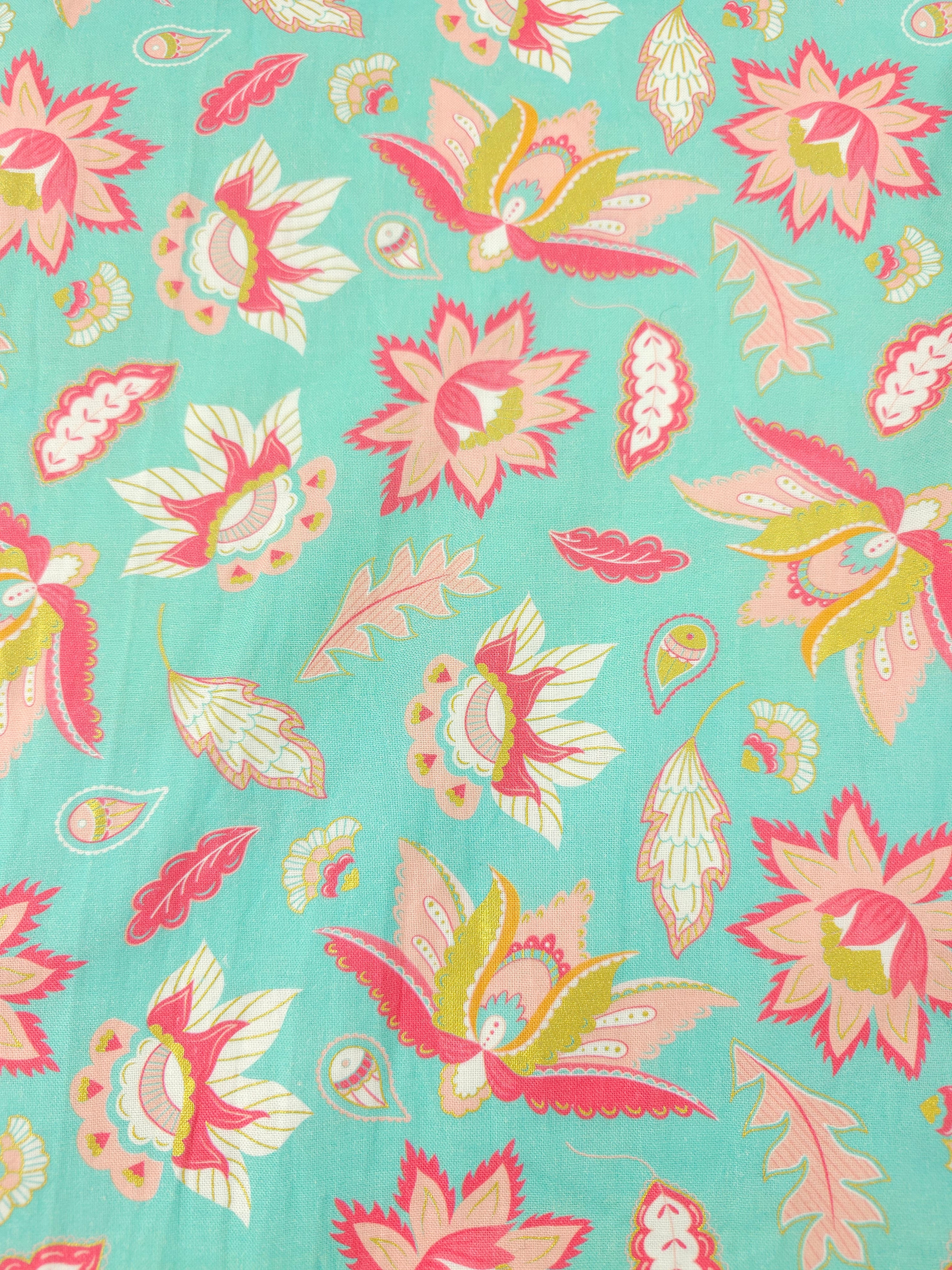 Teal pink floral Cotton- 3m piece