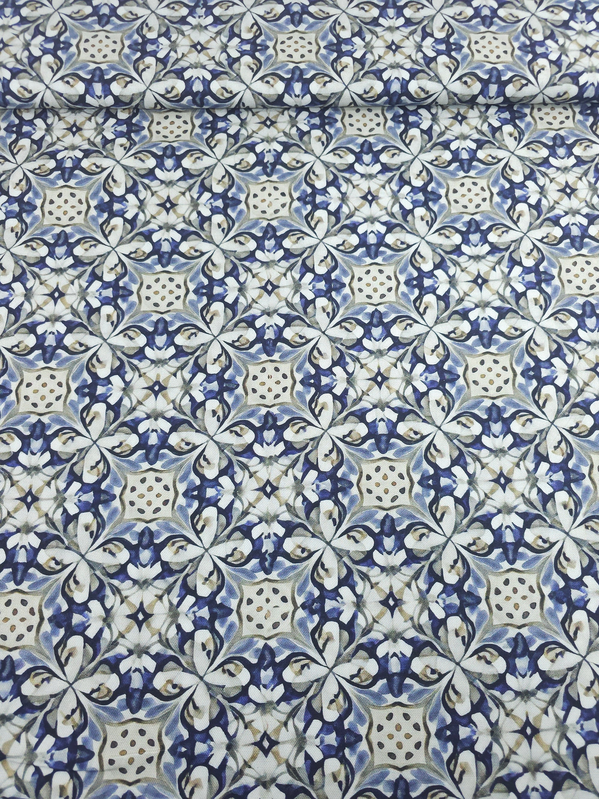 Blue Watercolour Tile Medallion Canvas Cotton