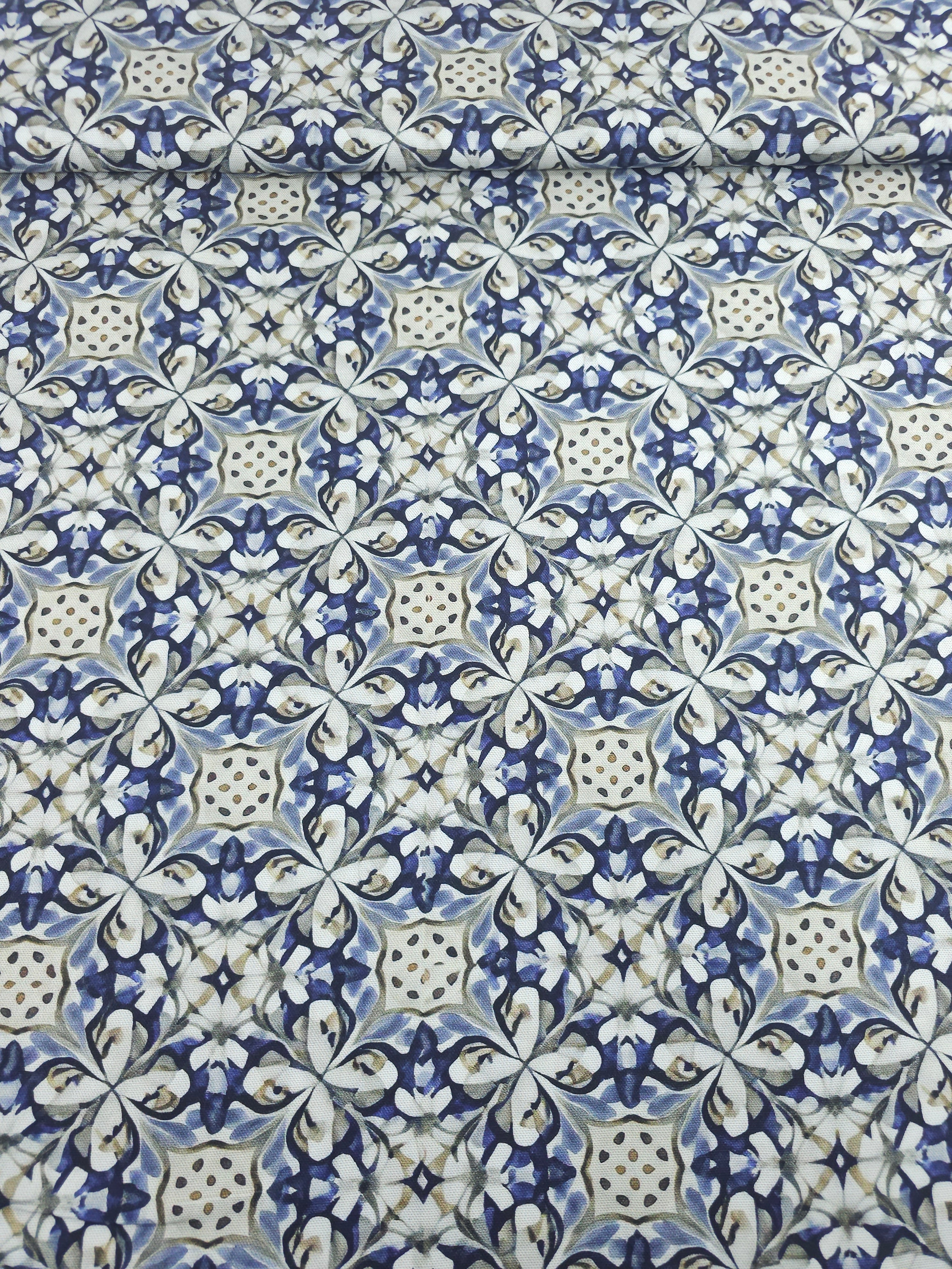 Blue Watercolour Tile Medallion Canvas Cotton