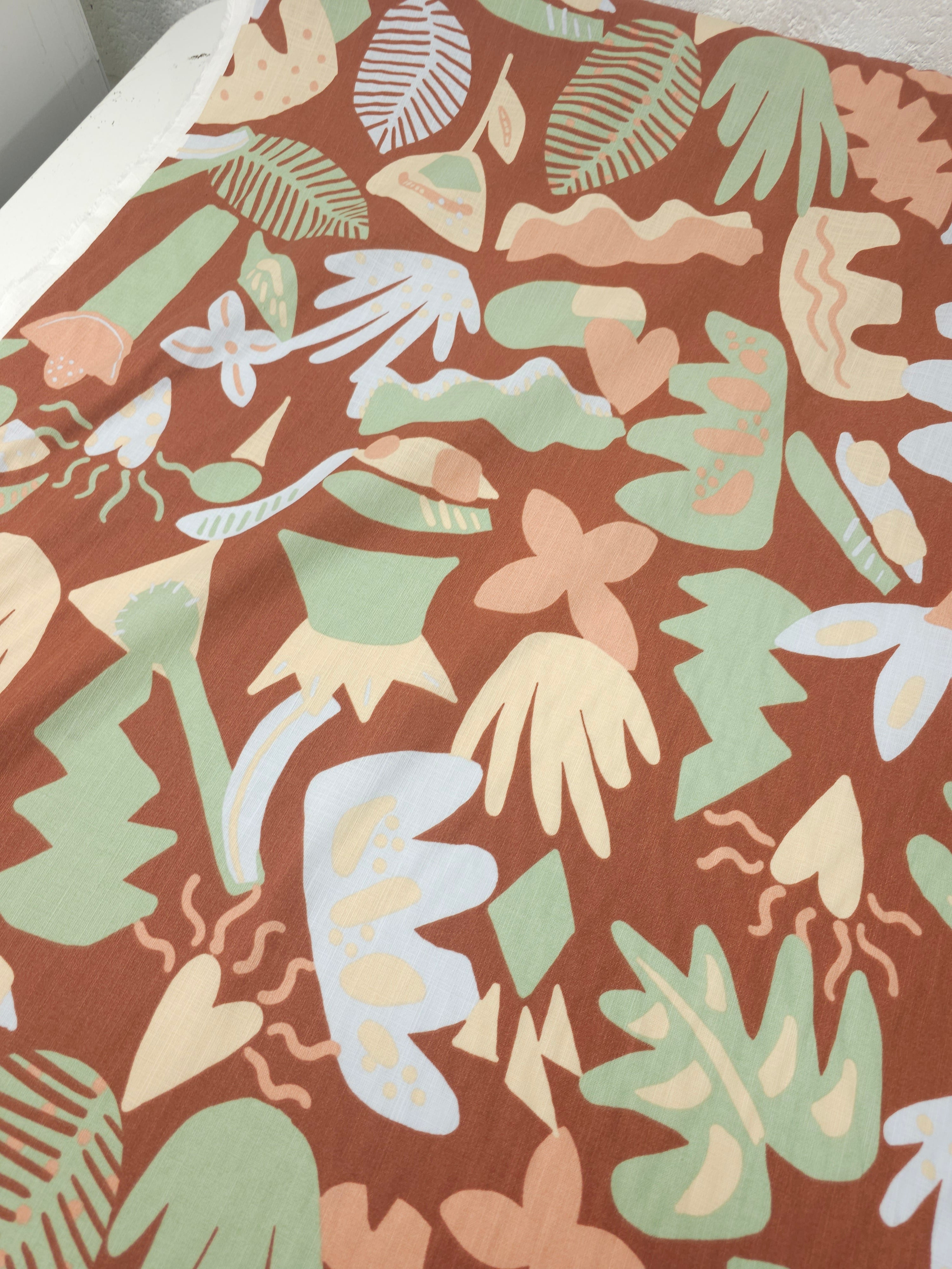 Warm Brown Doodle Palm Leaf Flax Cotton *DEFECT*